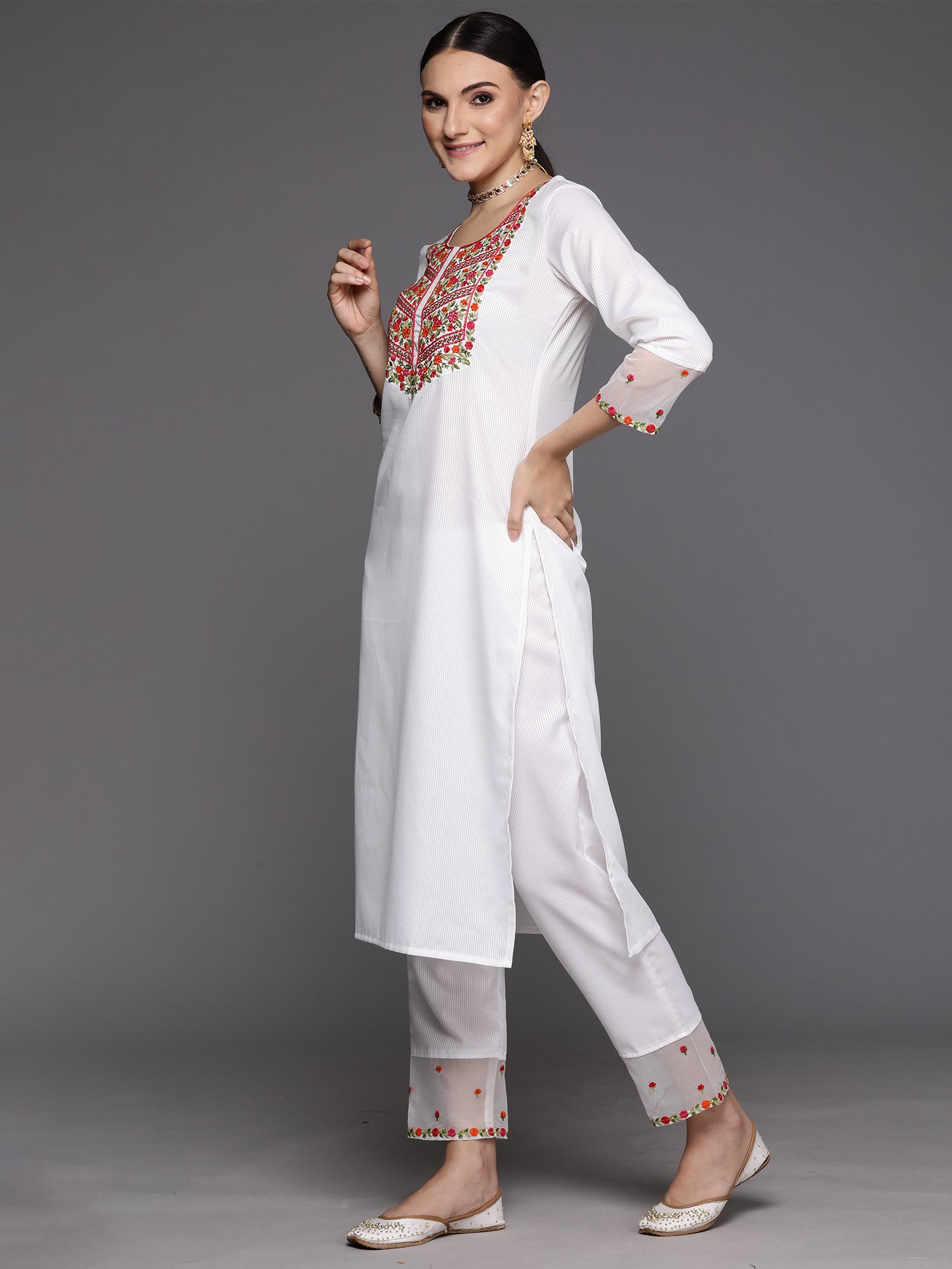 White Embroidered Straight Kurta Trousers With Dupatta Set