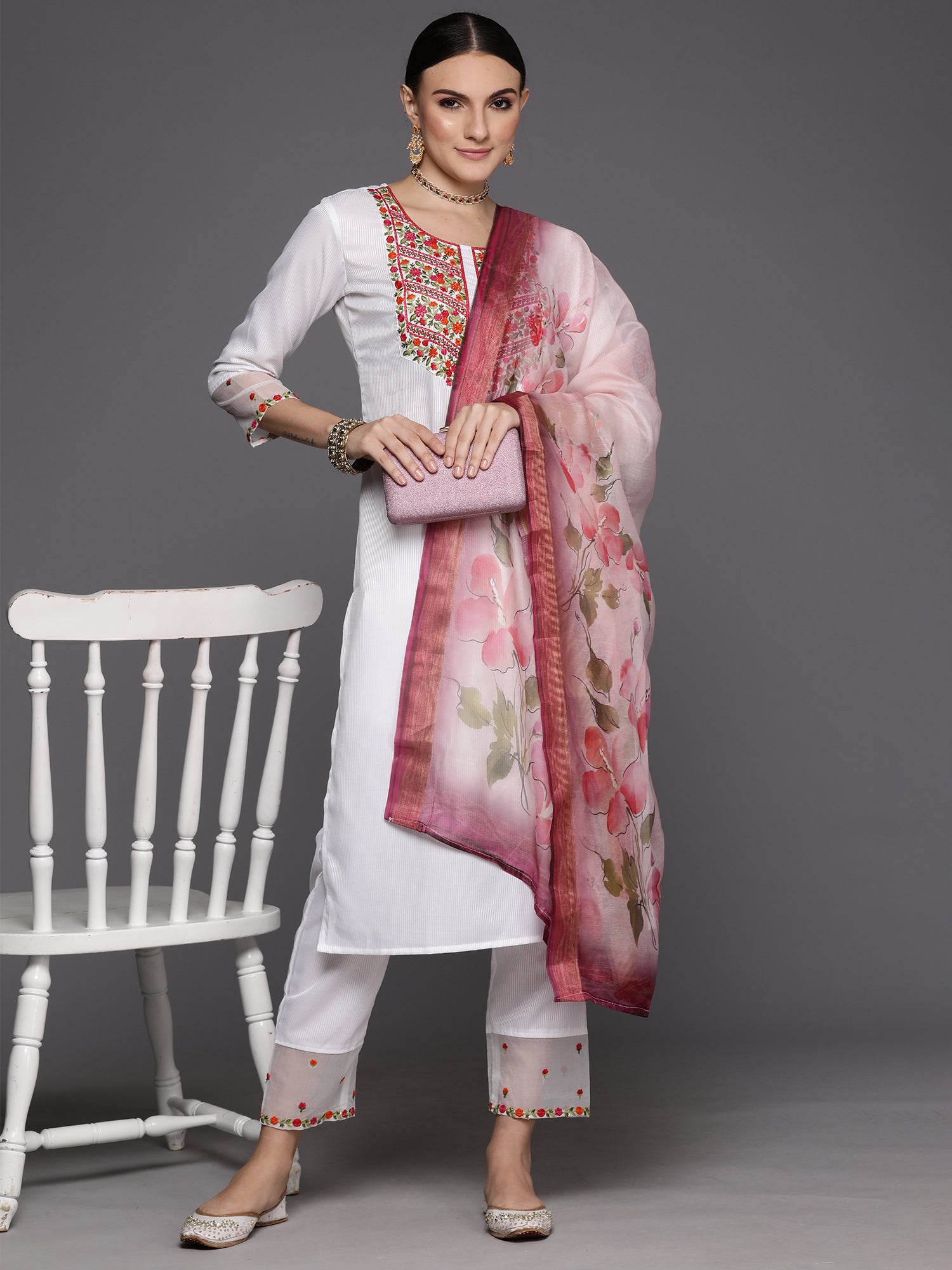 White Embroidered Straight Kurta Trousers With Dupatta Set