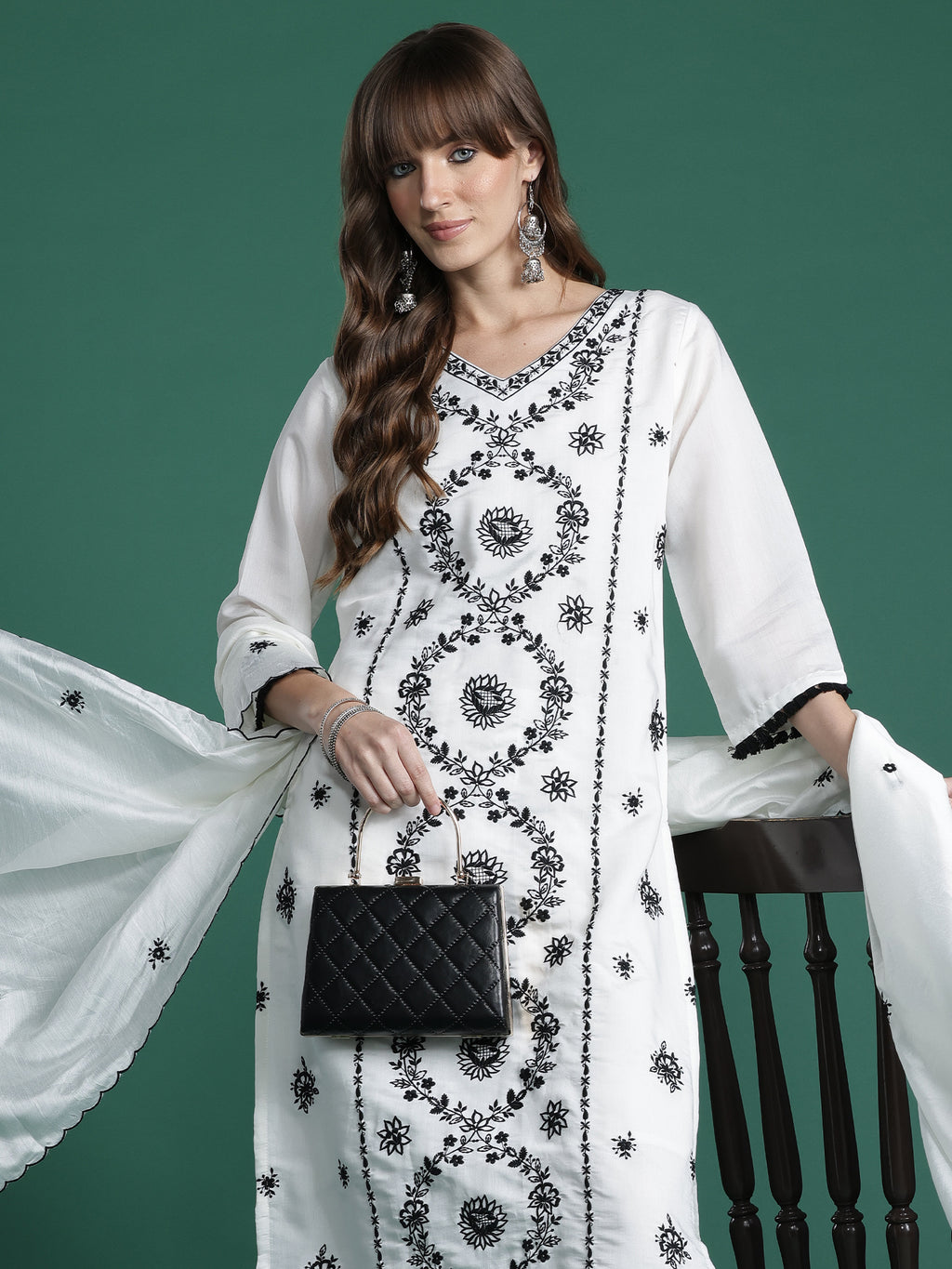 Indo Era White Embroidered Straight Kurta Trousers With Dupatta Set- IE