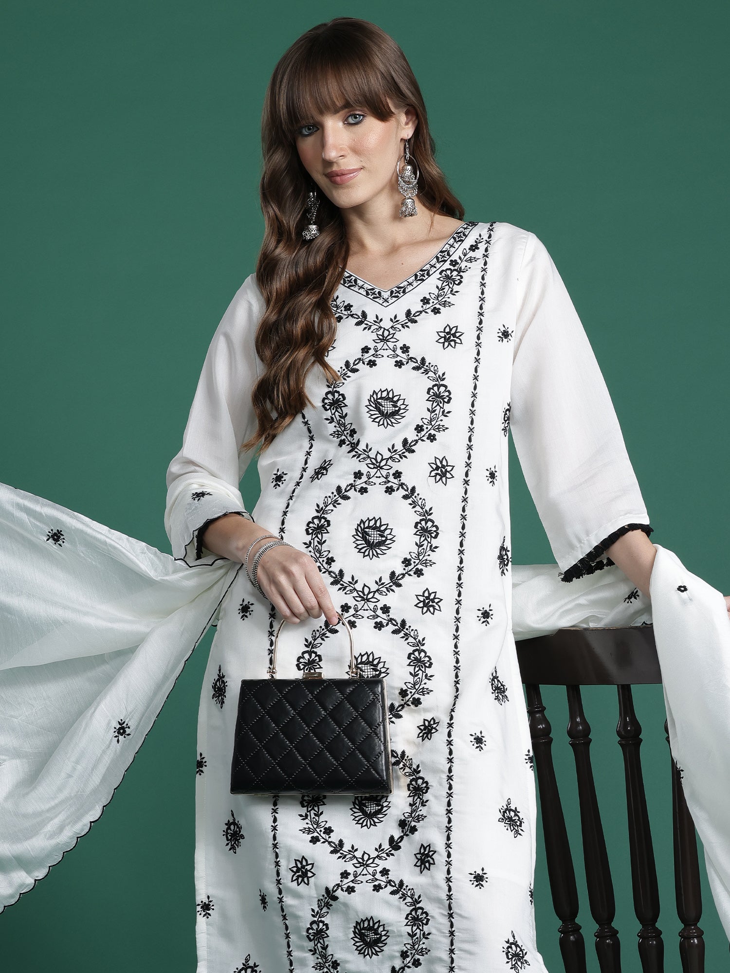Indo Era White Embroidered Straight Kurta Trousers With Dupatta Set- IE