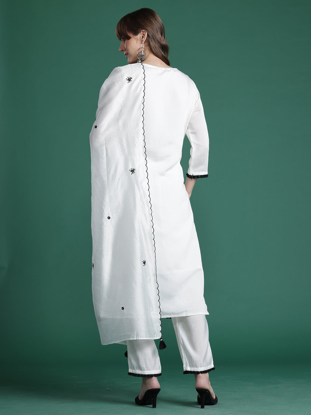 Indo Era White Embroidered Straight Kurta Trousers With Dupatta Set- IE