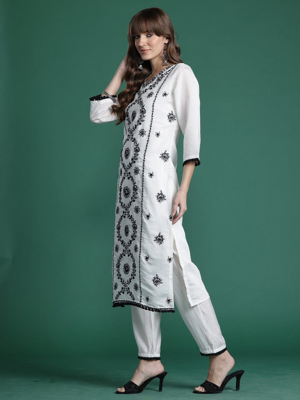 Indo Era White Embroidered Straight Kurta Trousers With Dupatta Set- IE