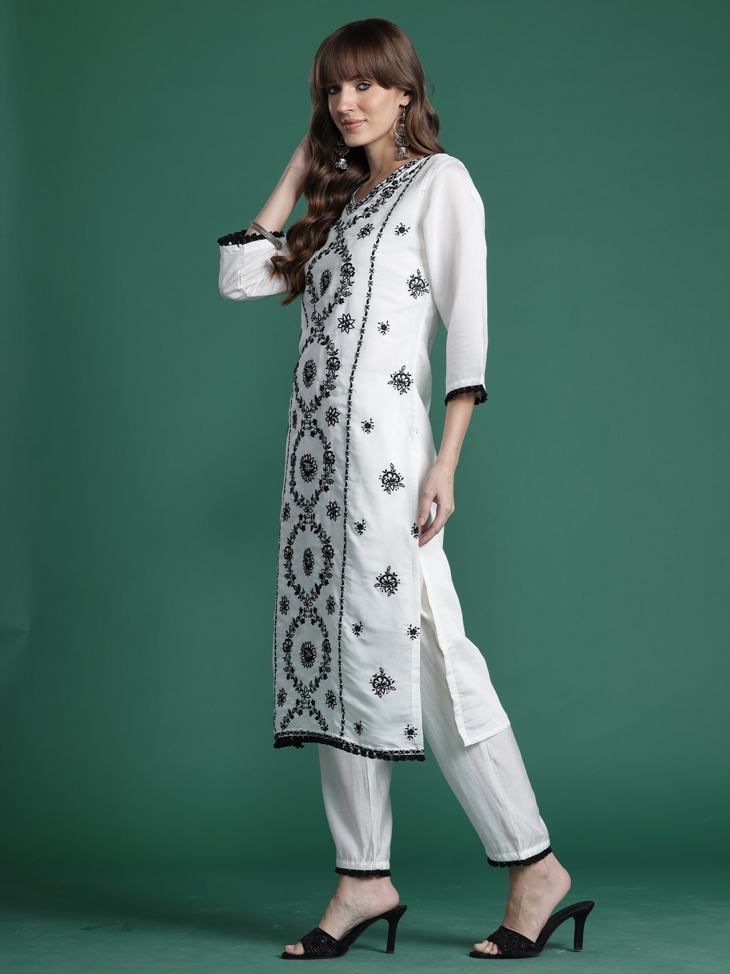 Indo Era White Embroidered Straight Kurta Trousers With Dupatta Set- IE