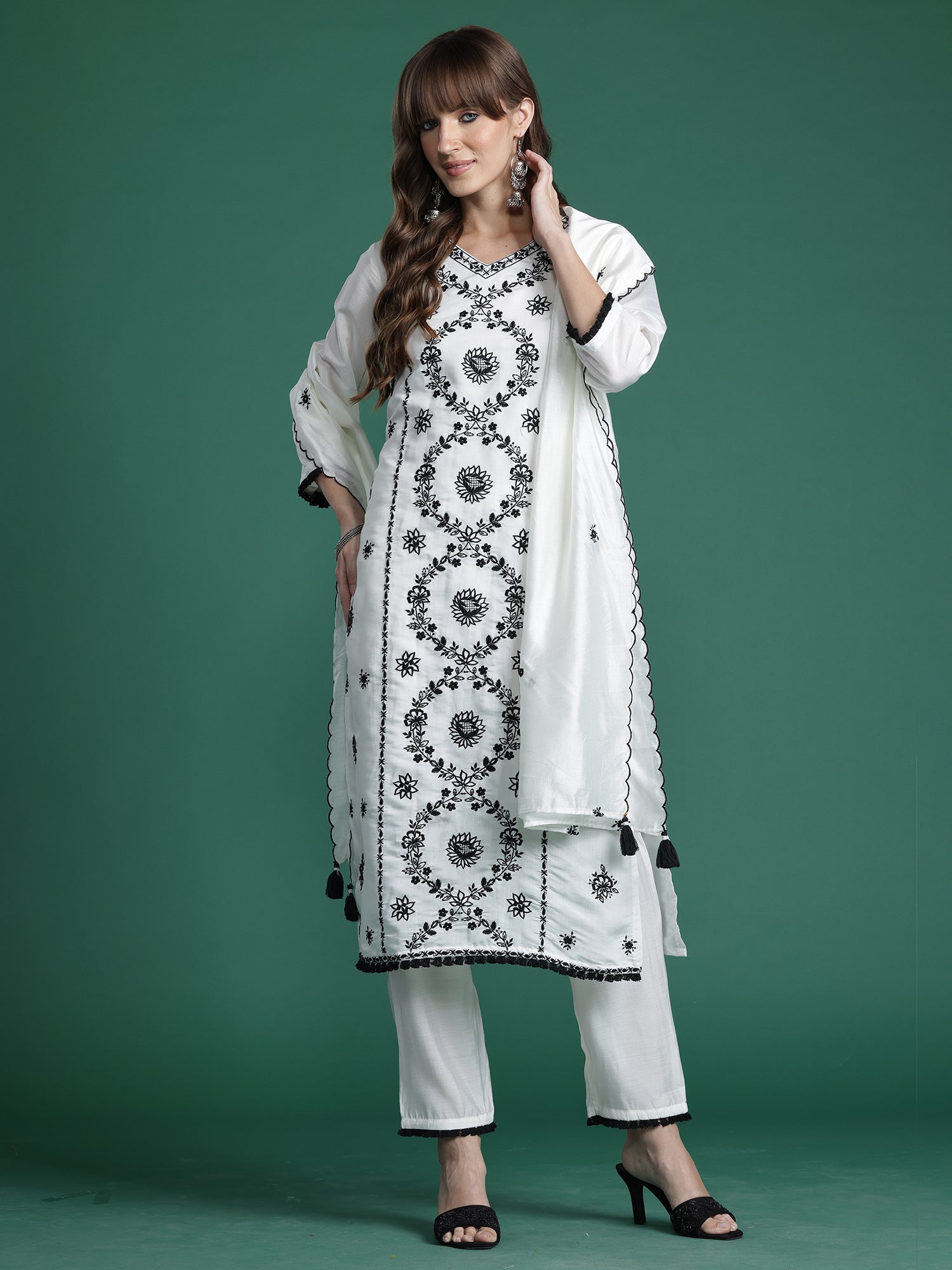 Indo Era White Embroidered Straight Kurta Trousers With Dupatta Set- IE