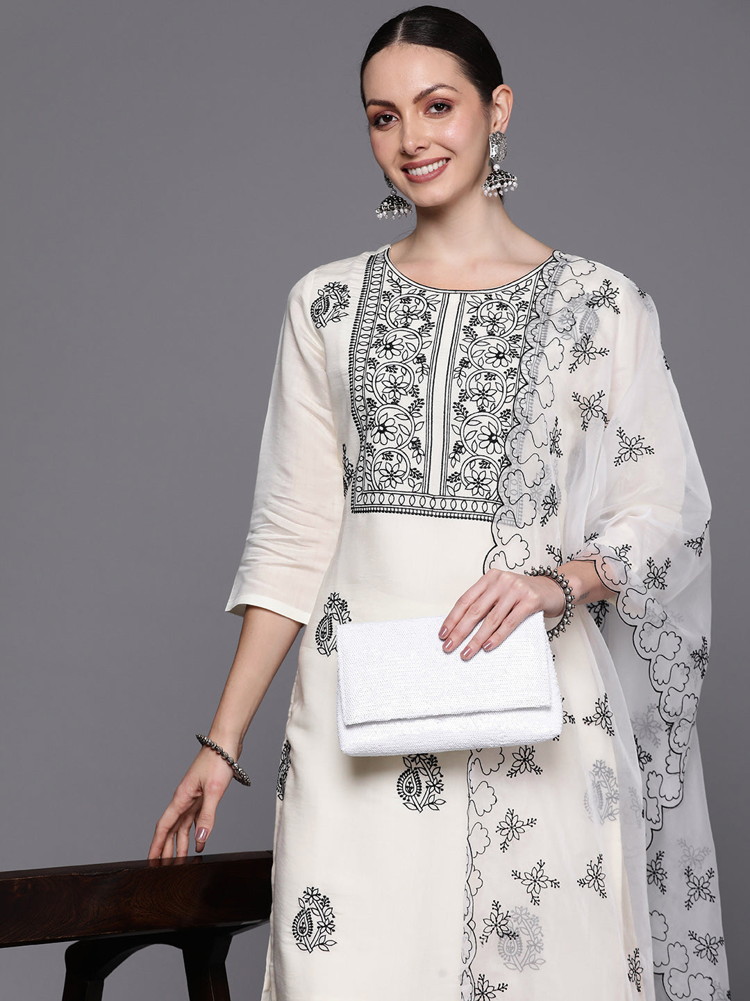 White Embroidered Straight Kurta Trousers With Dupatta  Set