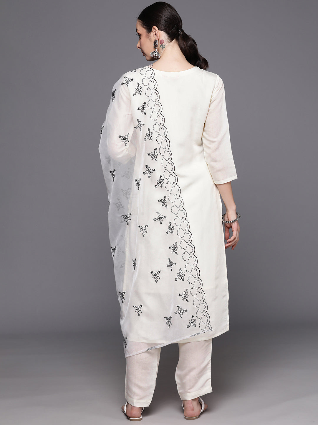 White Embroidered Straight Kurta Trousers With Dupatta  Set