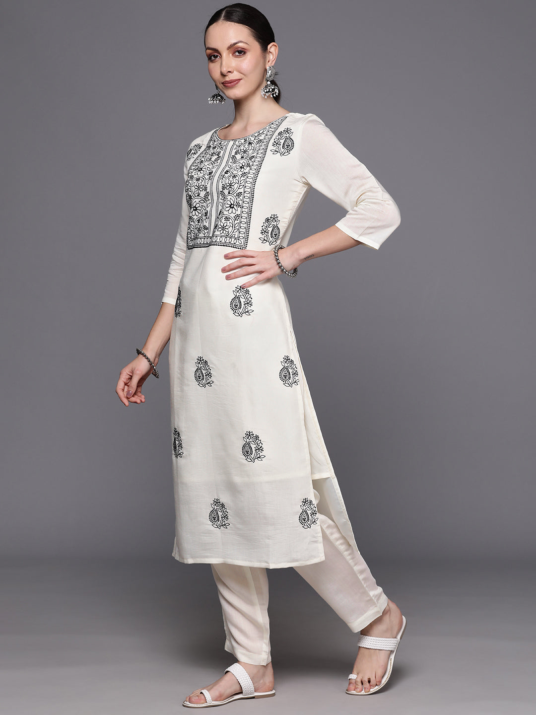 White Embroidered Straight Kurta Trousers With Dupatta  Set