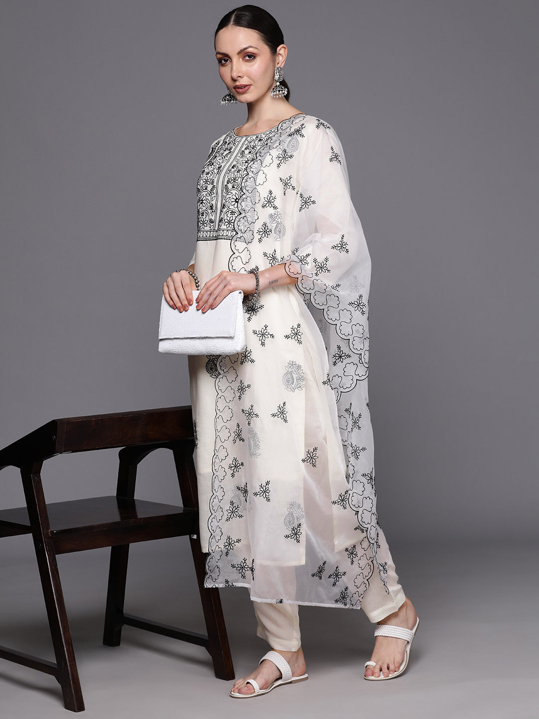 White Embroidered Straight Kurta Trousers With Dupatta  Set