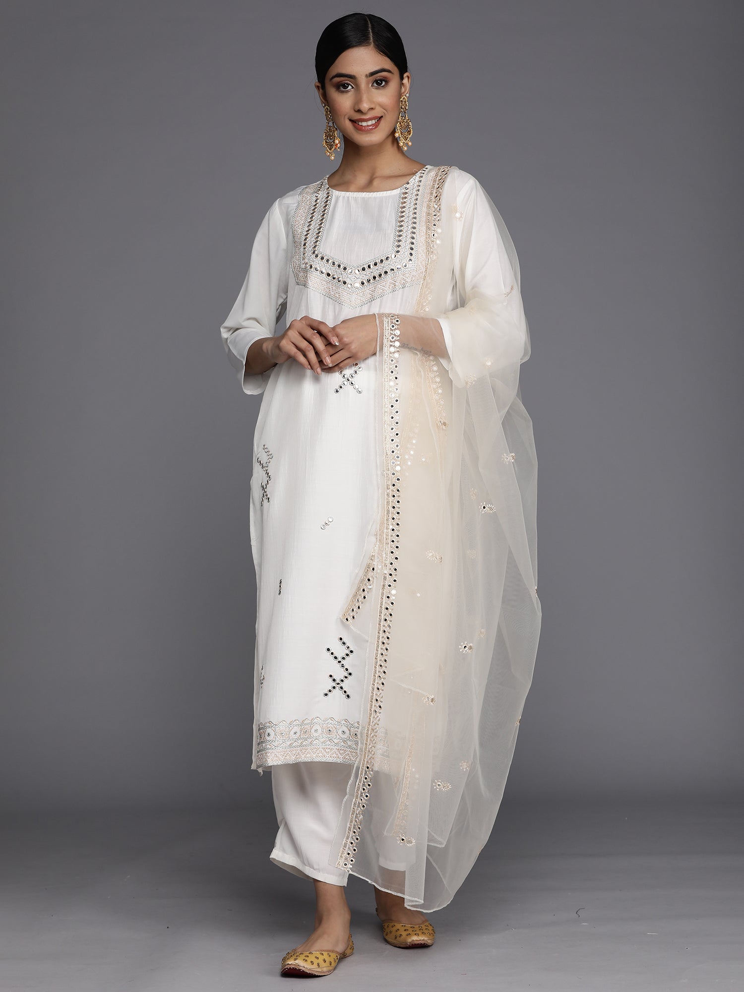 White Embroidered Straight Kurta Trousers With Dupatta Set