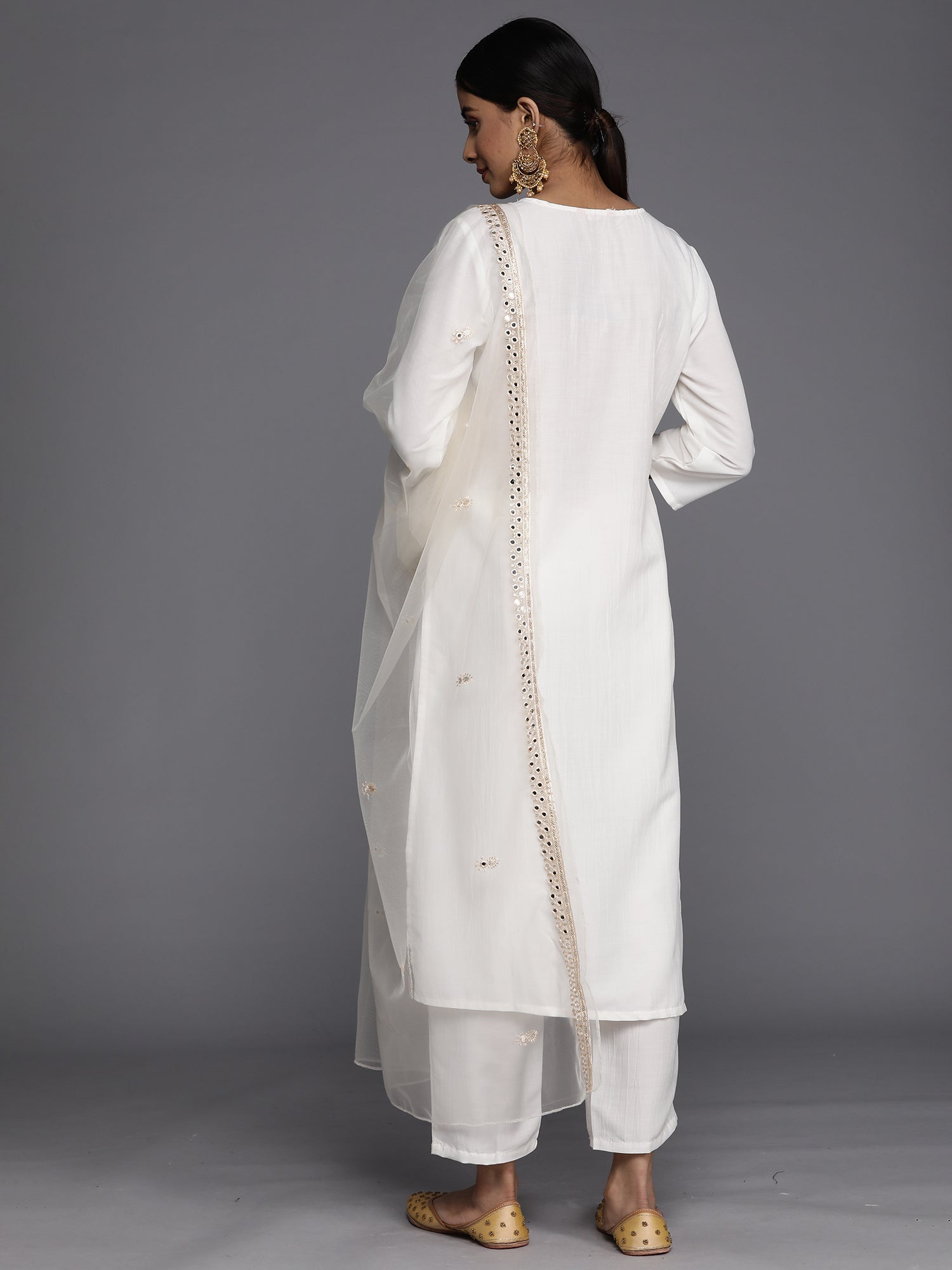 White Embroidered Straight Kurta Trousers With Dupatta Set