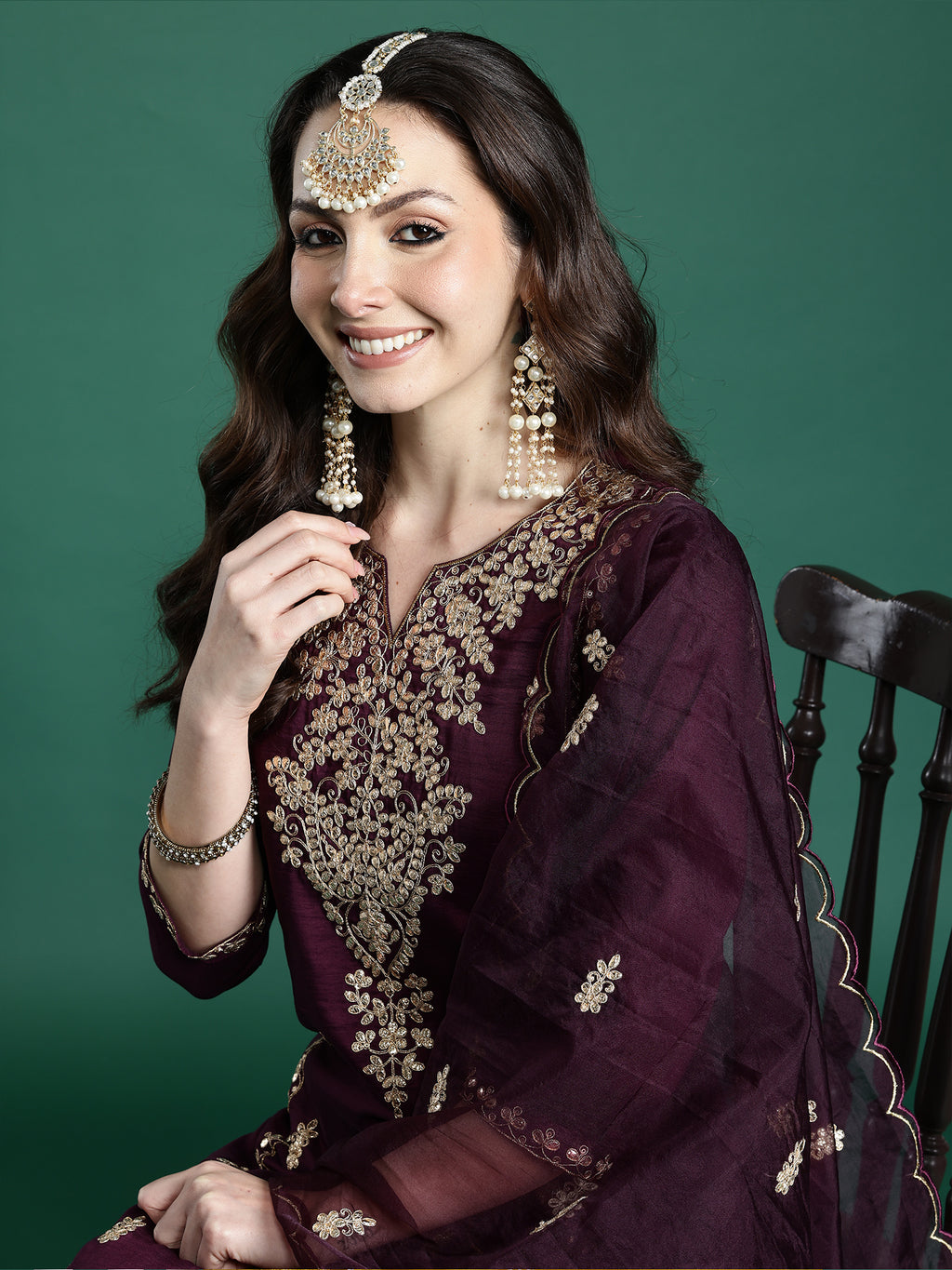 Indo Era Burgundy Embroidered Straight Kurta Trousers With Dupatta set- IE