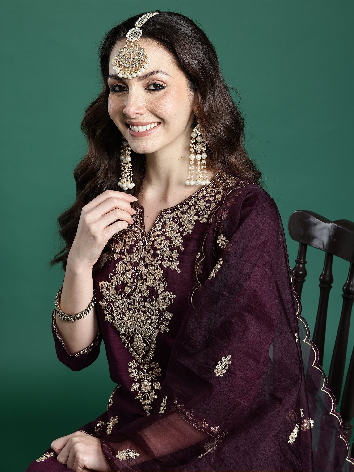 Indo Era Burgundy Embroidered Straight Kurta Trousers With Dupatta set- IE