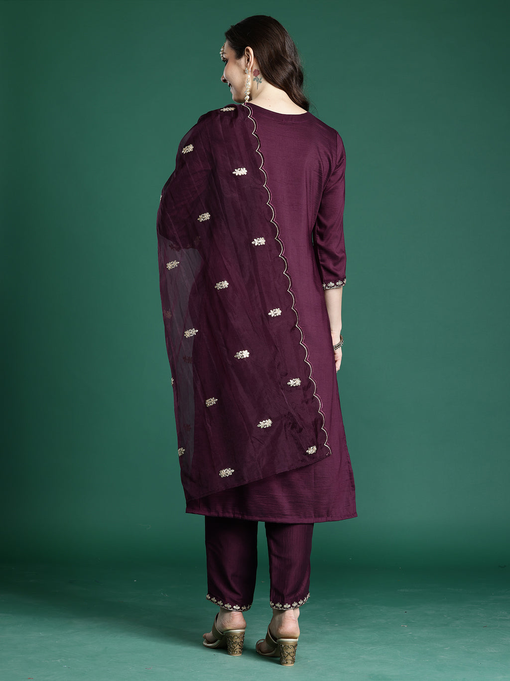 Indo Era Burgundy Embroidered Straight Kurta Trousers With Dupatta set- IE