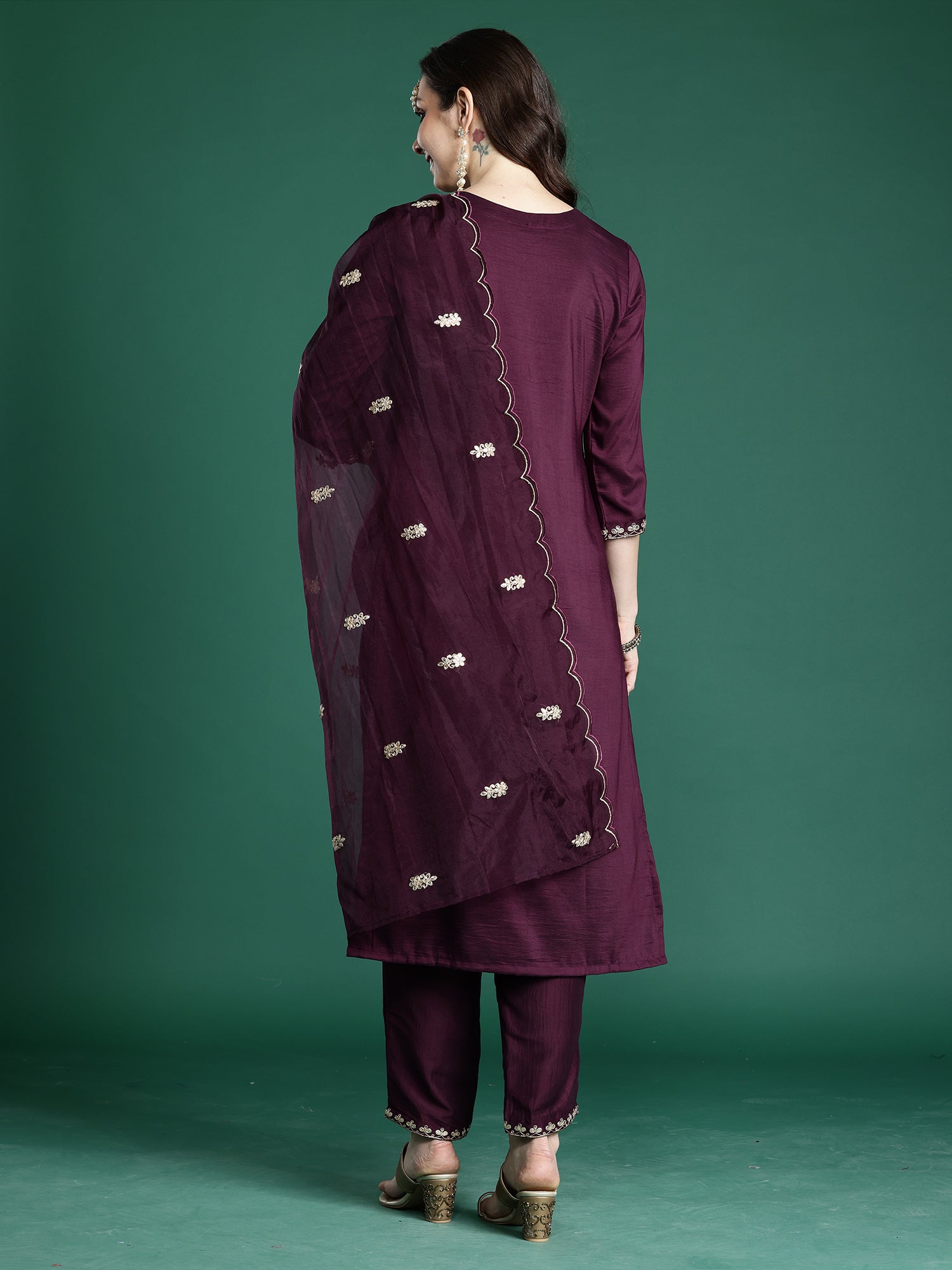Indo Era Burgundy Embroidered Straight Kurta Trousers With Dupatta set- IE