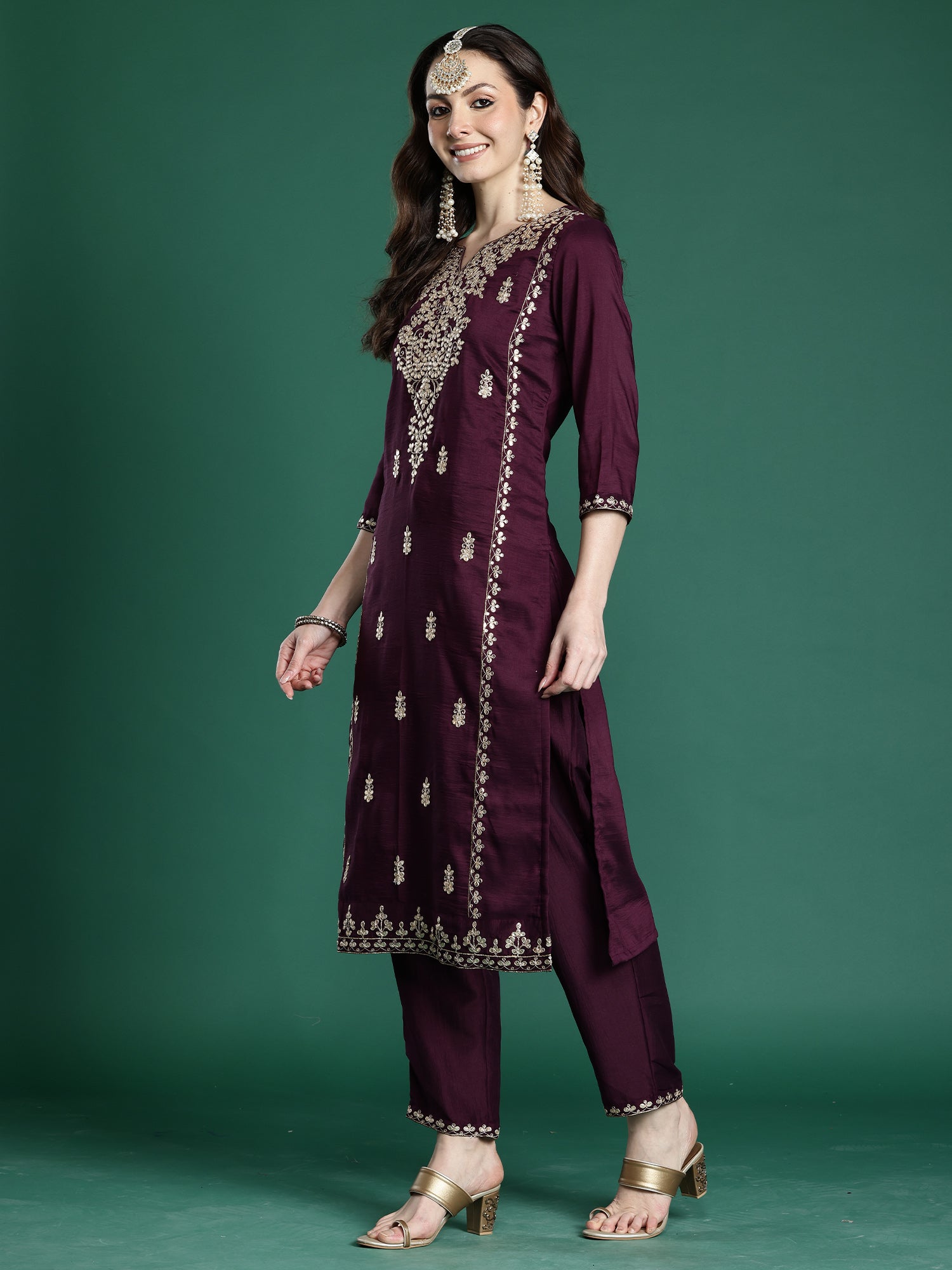 Indo Era Burgundy Embroidered Straight Kurta Trousers With Dupatta set- IE