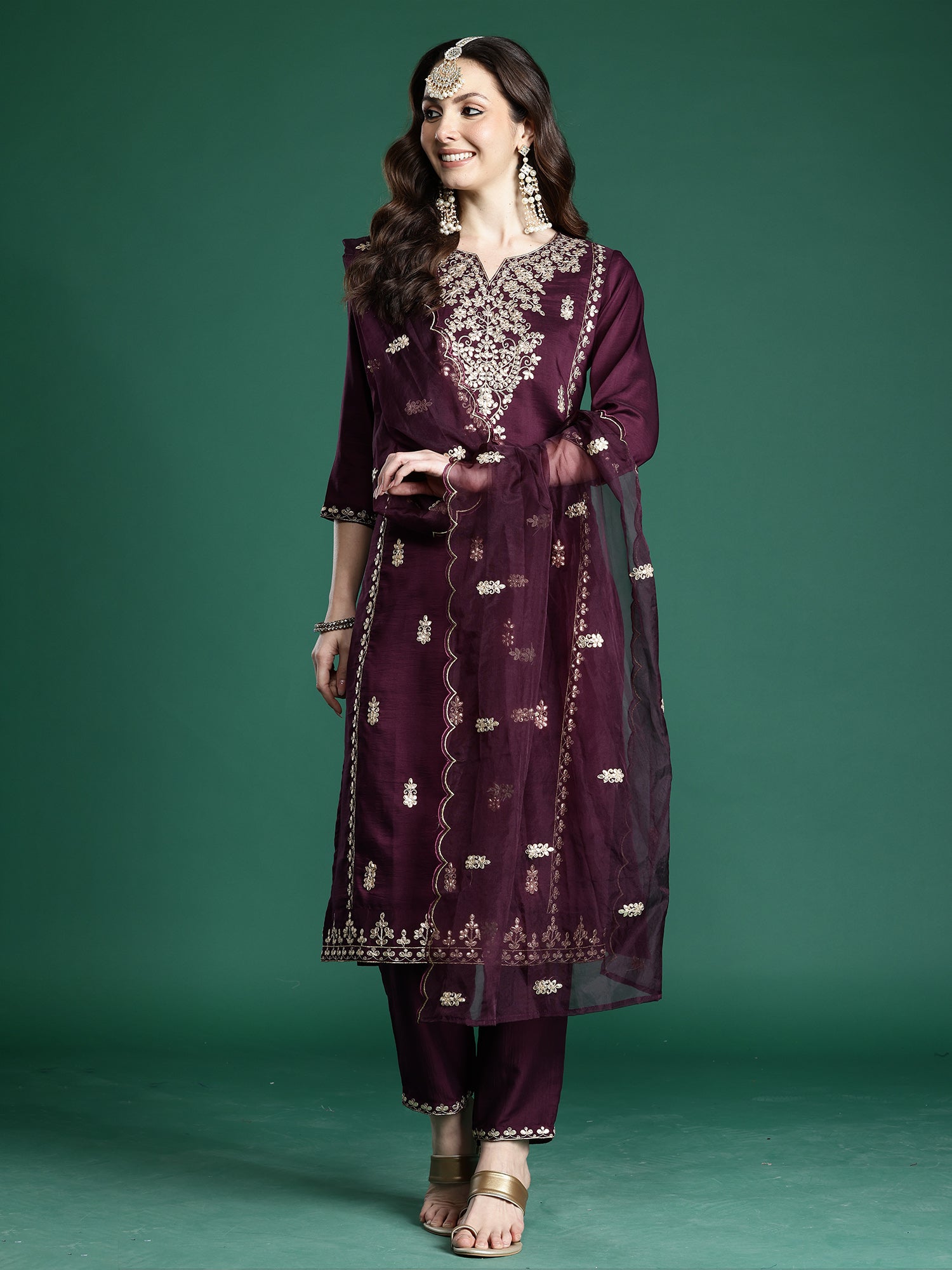Indo Era Burgundy Embroidered Straight Kurta Trousers With Dupatta set- IE