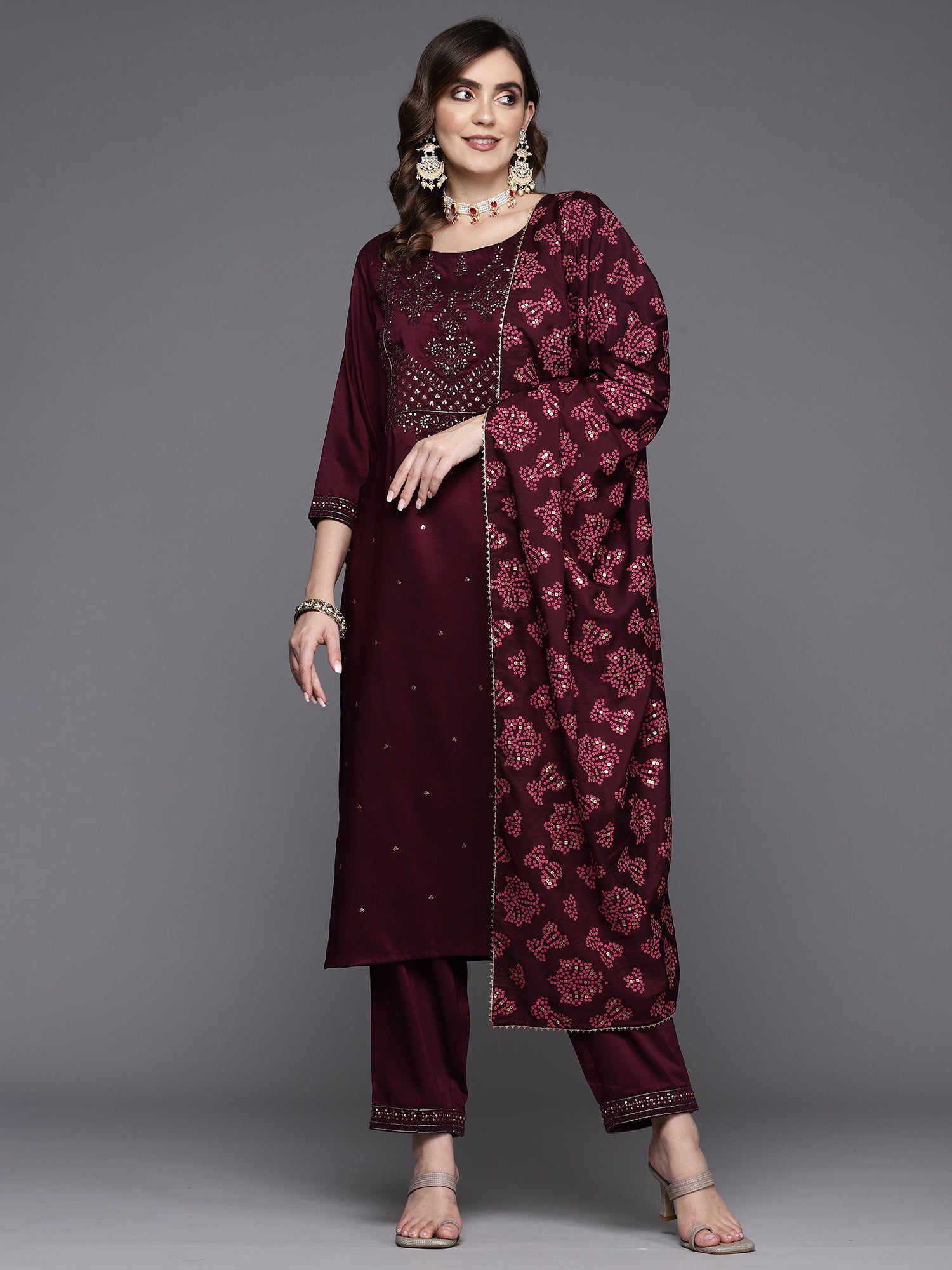 Wine Embroidered Straight Kurta Trousers With Dupatta Set