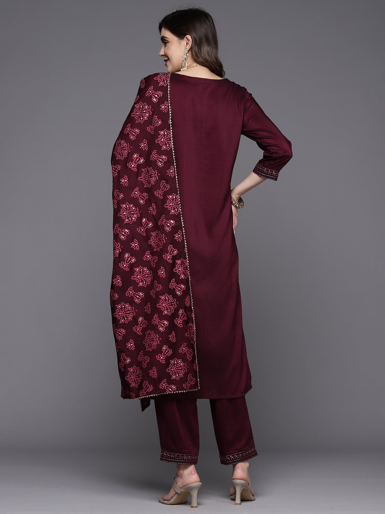 Wine Embroidered Straight Kurta Trousers With Dupatta Set