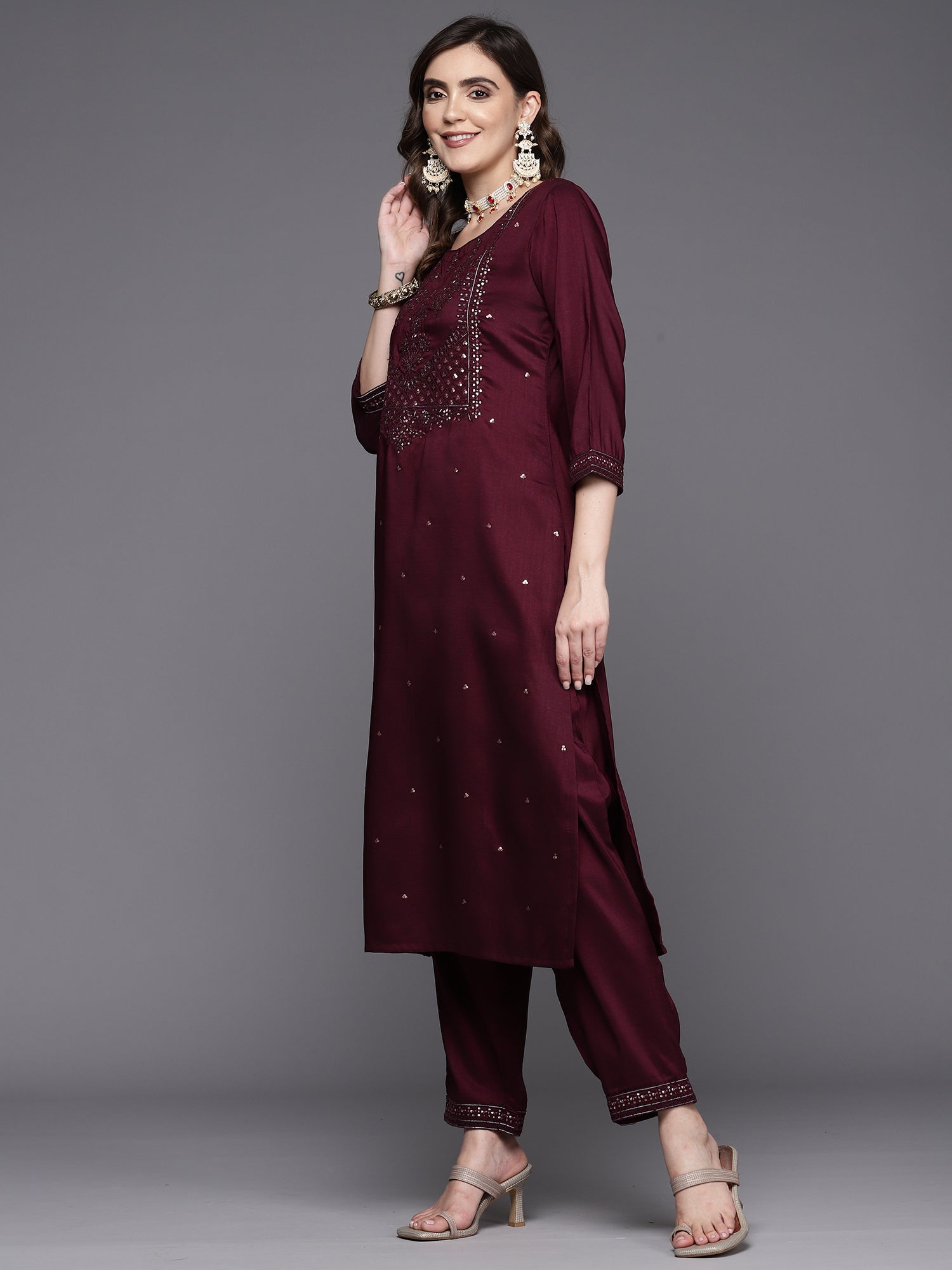 Wine Embroidered Straight Kurta Trousers With Dupatta Set