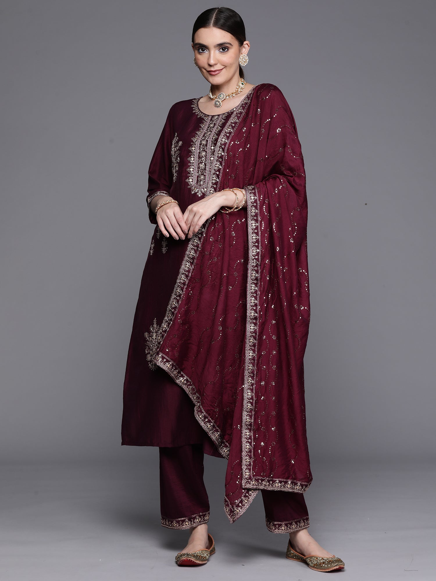 Wine Embroidered Ethnic Straight Kurta Trouser With Dupatta Set