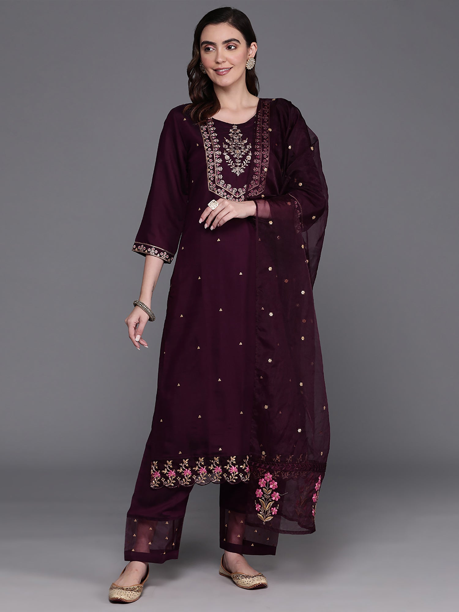 Burgundy Embroidered Straight Kurta Trousers With Dupatta Set