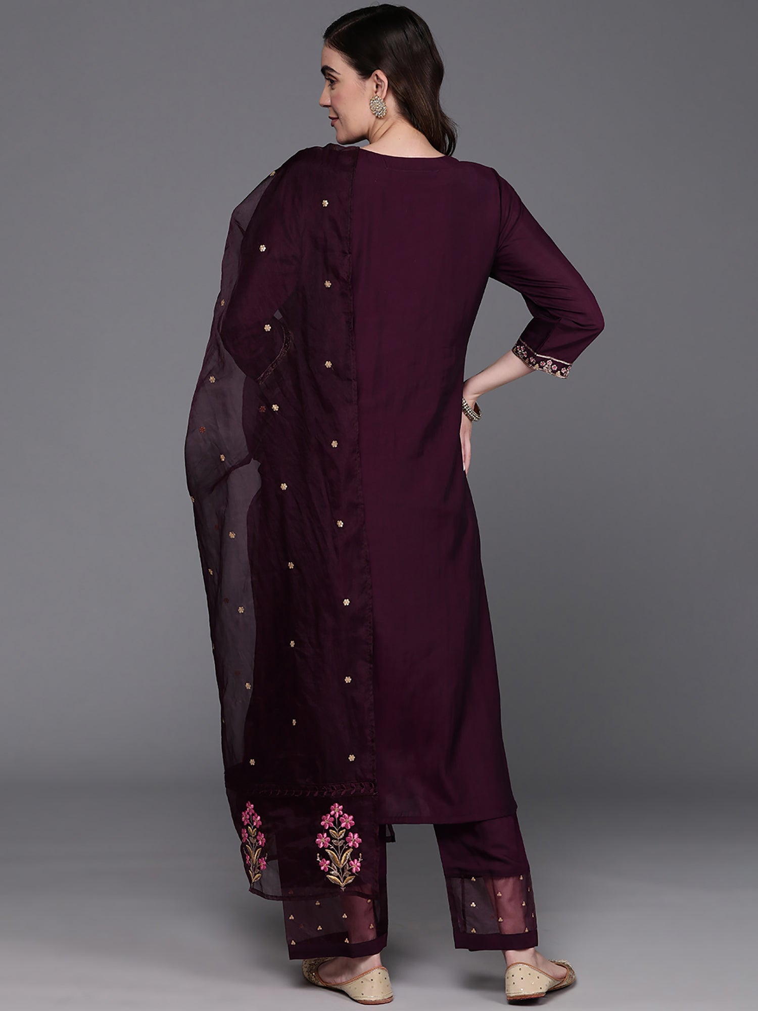 Burgundy Embroidered Straight Kurta Trousers With Dupatta Set