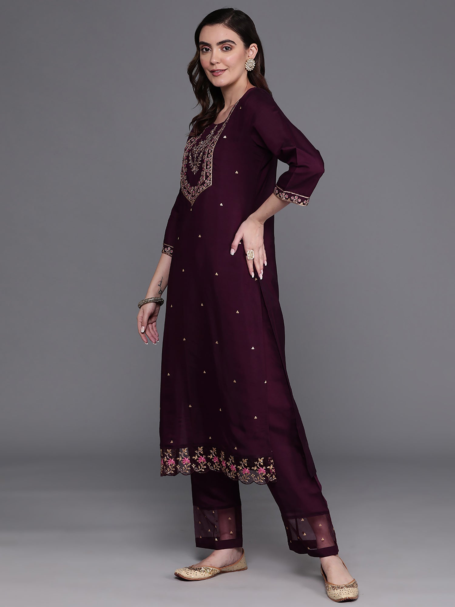 Burgundy Embroidered Straight Kurta Trousers With Dupatta Set