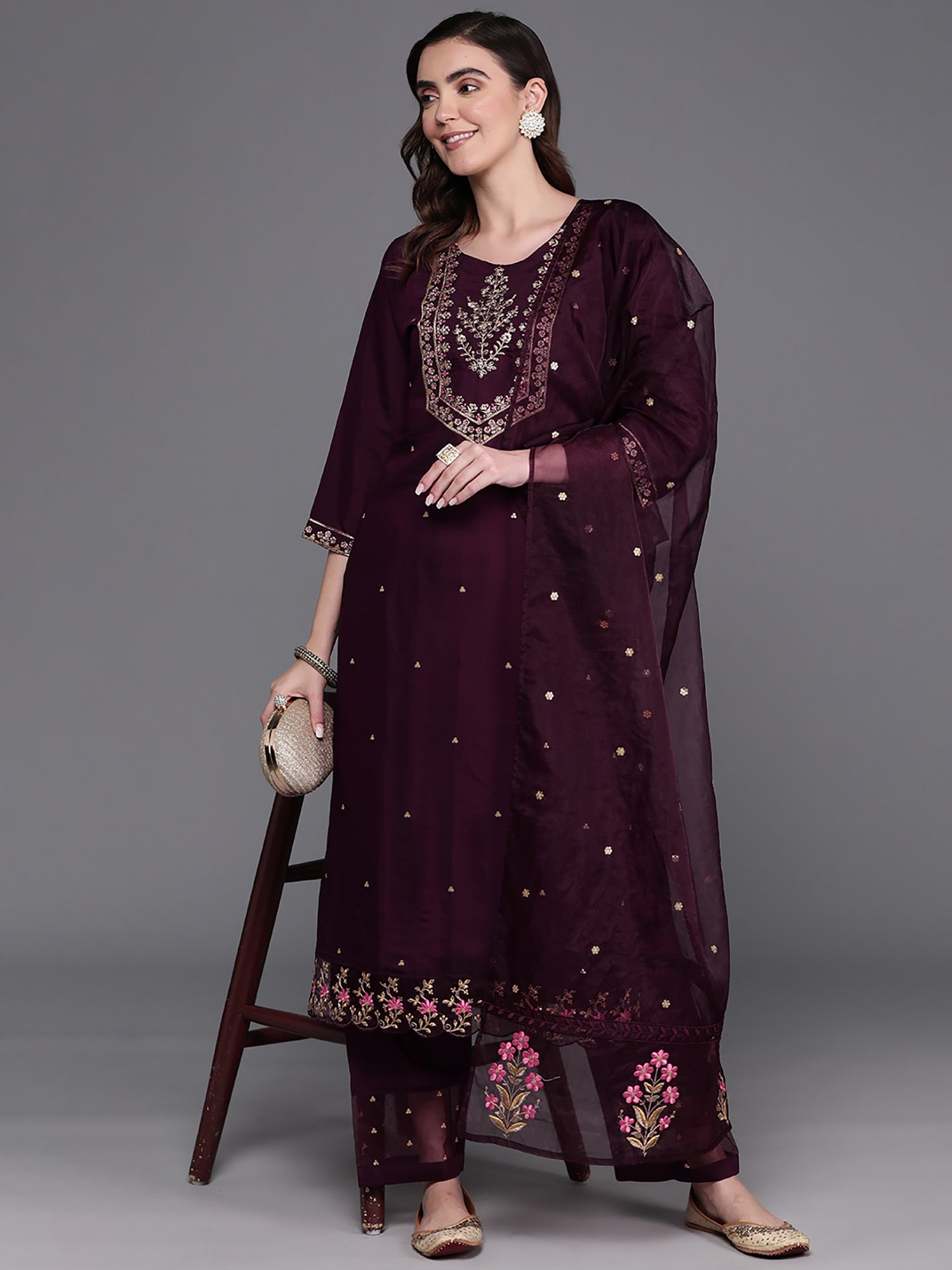 Burgundy Embroidered Straight Kurta Trousers With Dupatta Set