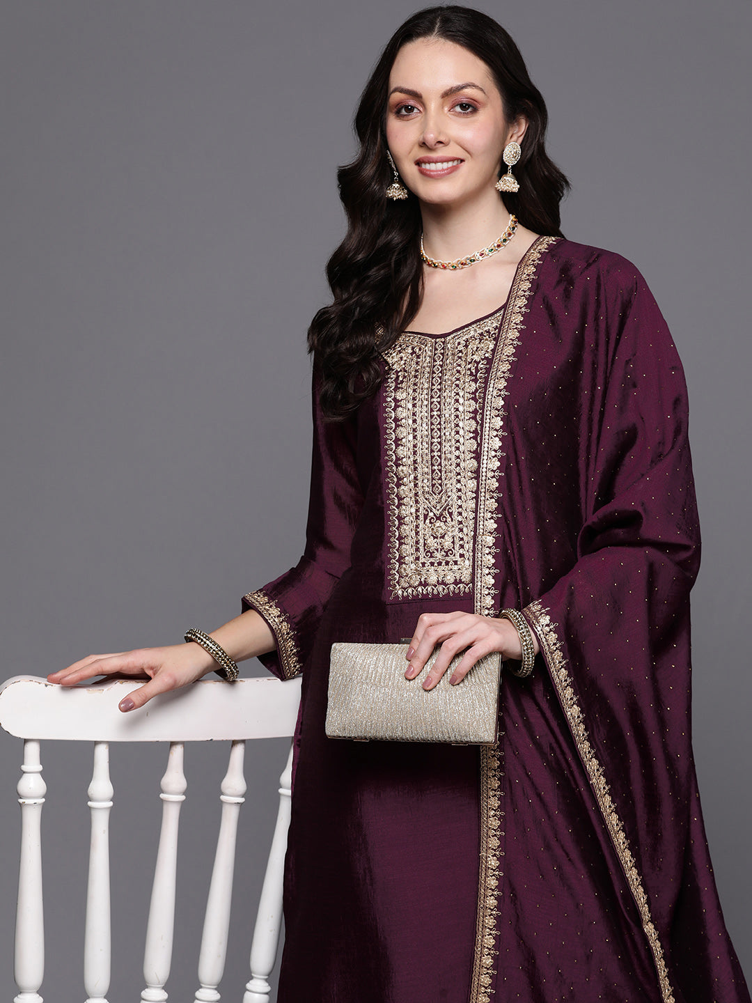 Wine Embroidered Straight Kurta Trousers With Dupatta Set