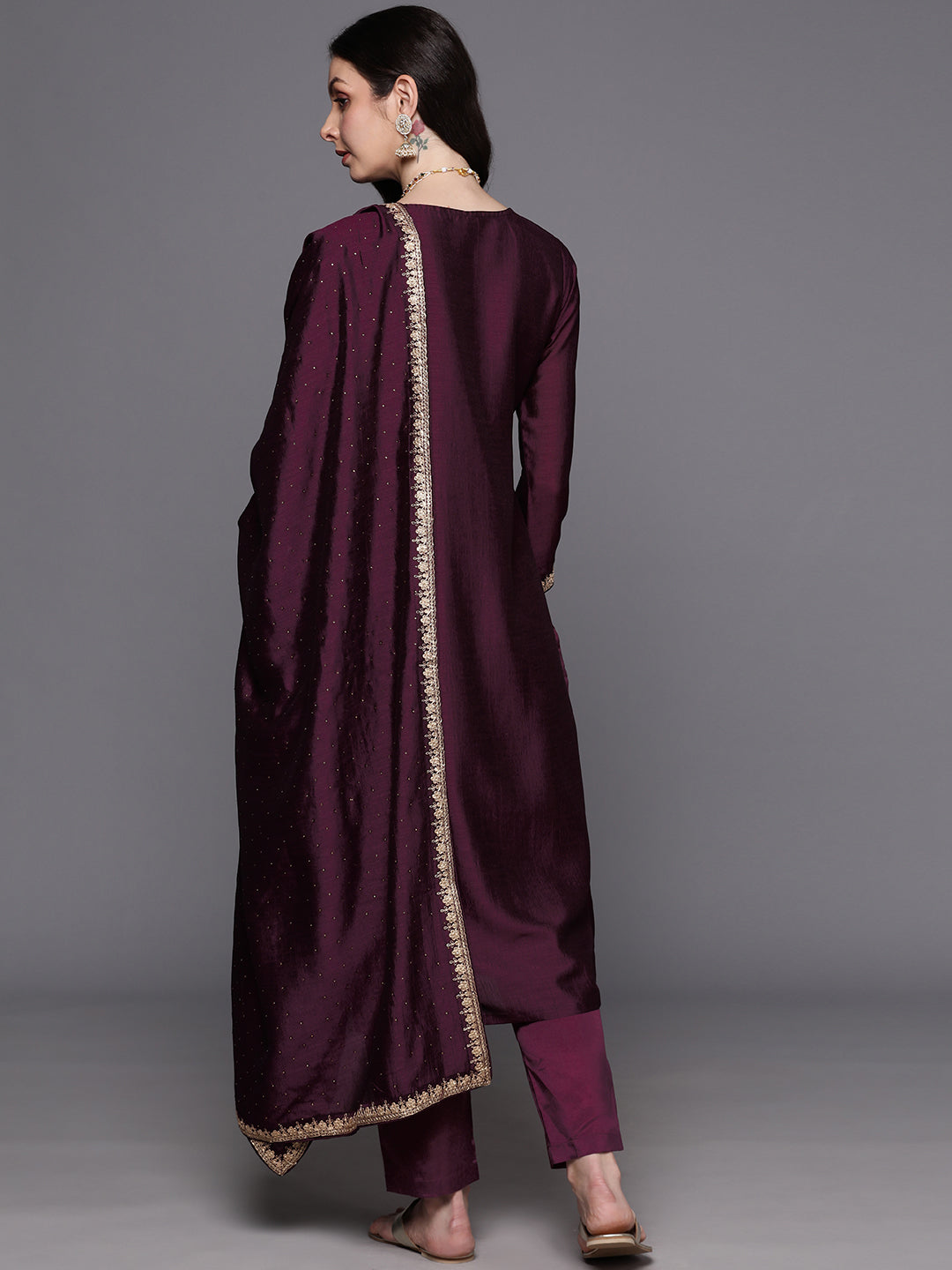 Wine Embroidered Straight Kurta Trousers With Dupatta Set