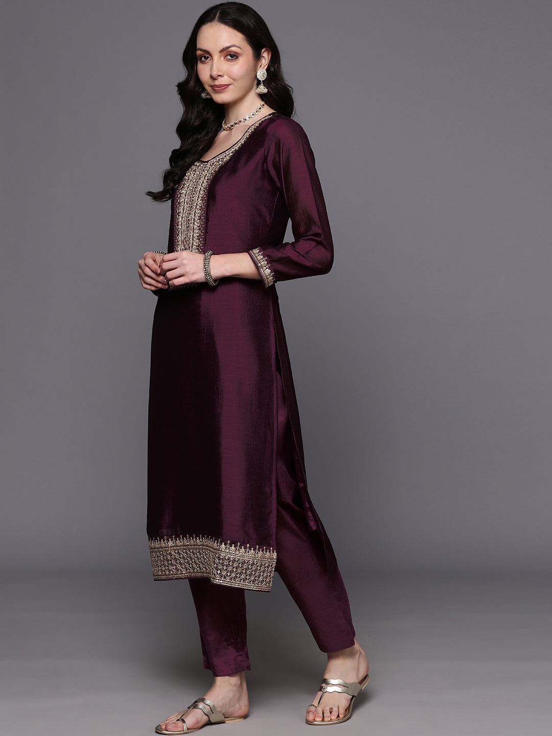 Wine Embroidered Straight Kurta Trousers With Dupatta Set