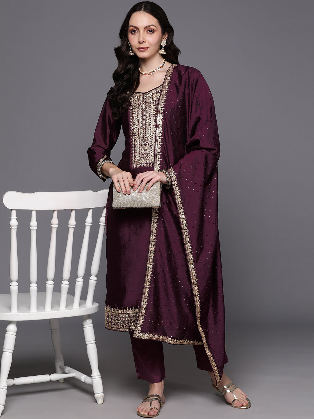 Wine Embroidered Straight Kurta Trousers With Dupatta Set