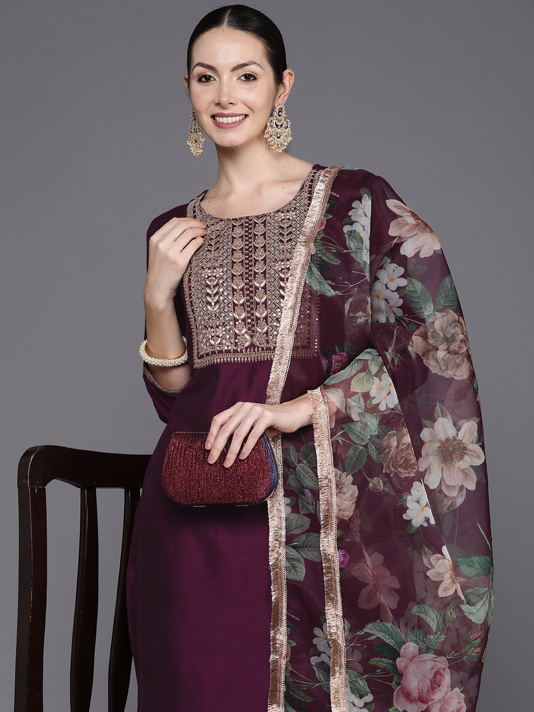 Wine Embroidered Straight Kurta Trousers With Dupatta Set