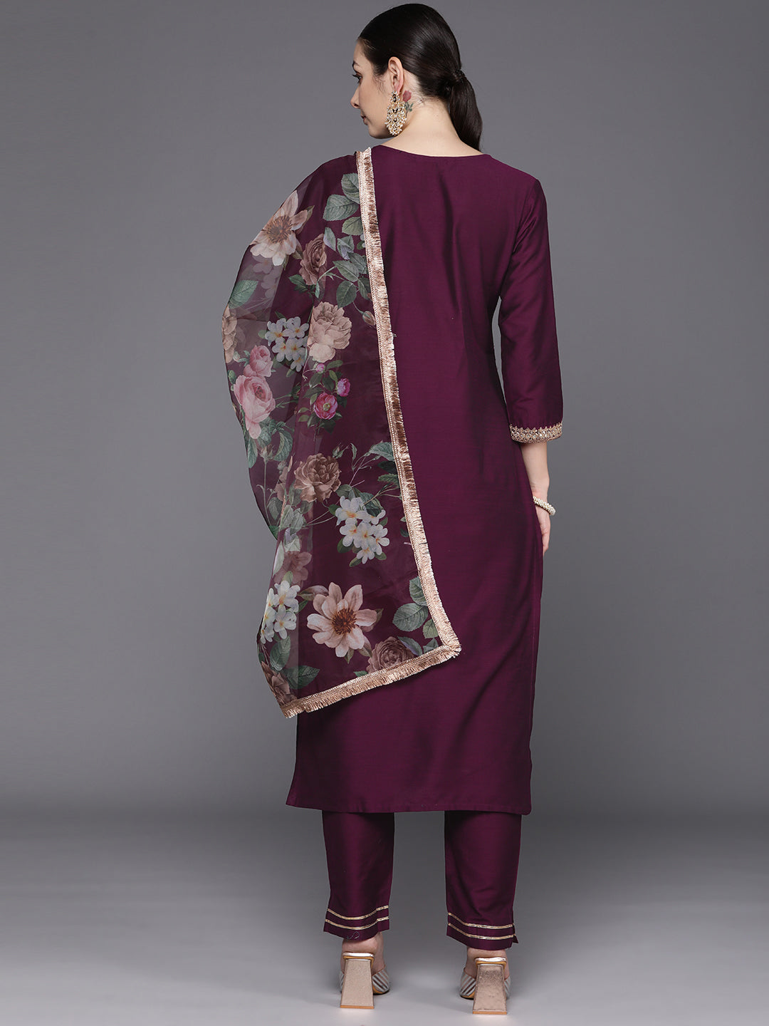 Wine Embroidered Straight Kurta Trousers With Dupatta Set