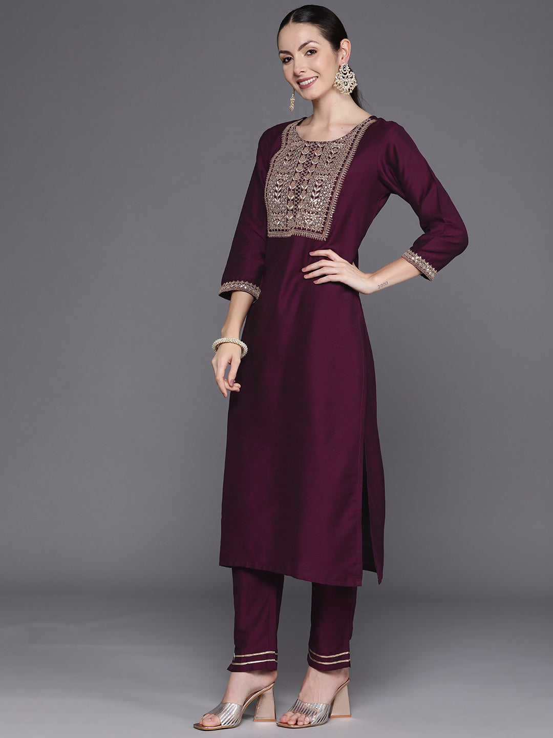 Wine Embroidered Straight Kurta Trousers With Dupatta Set