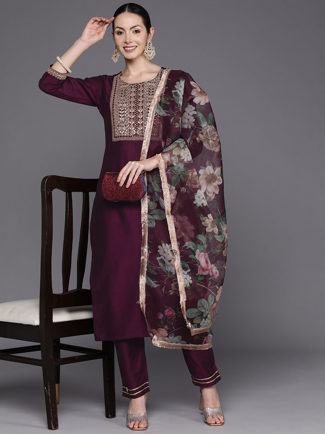 Wine Embroidered Straight Kurta Trousers With Dupatta Set