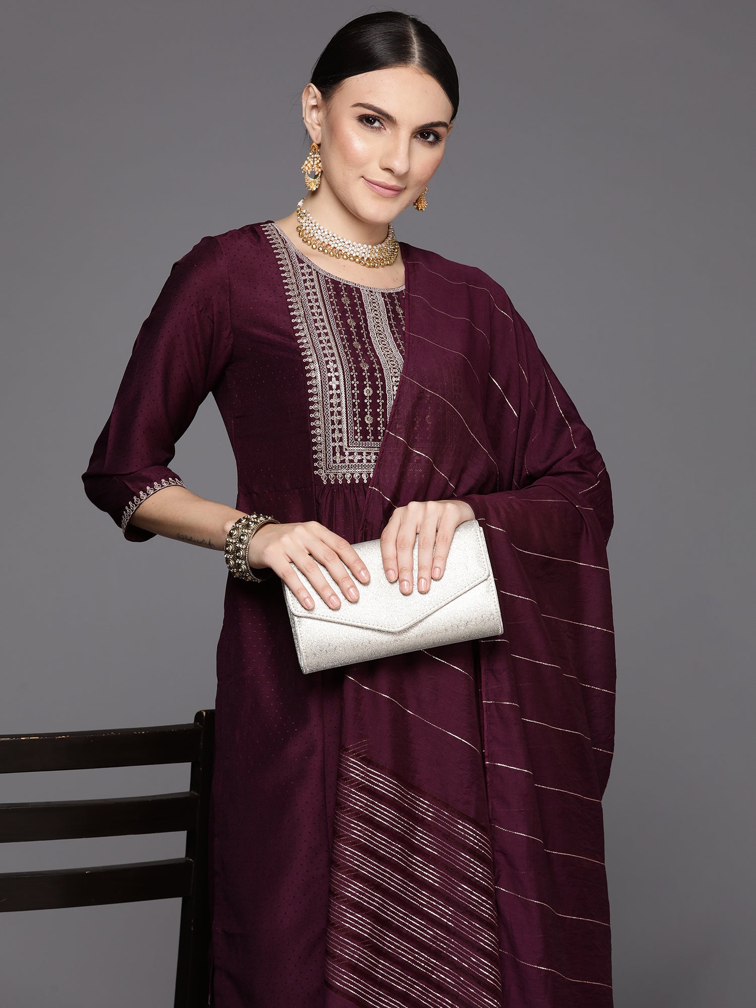 Burgundy Embroidered A-Line Kurta Trousers With Dupatta Set