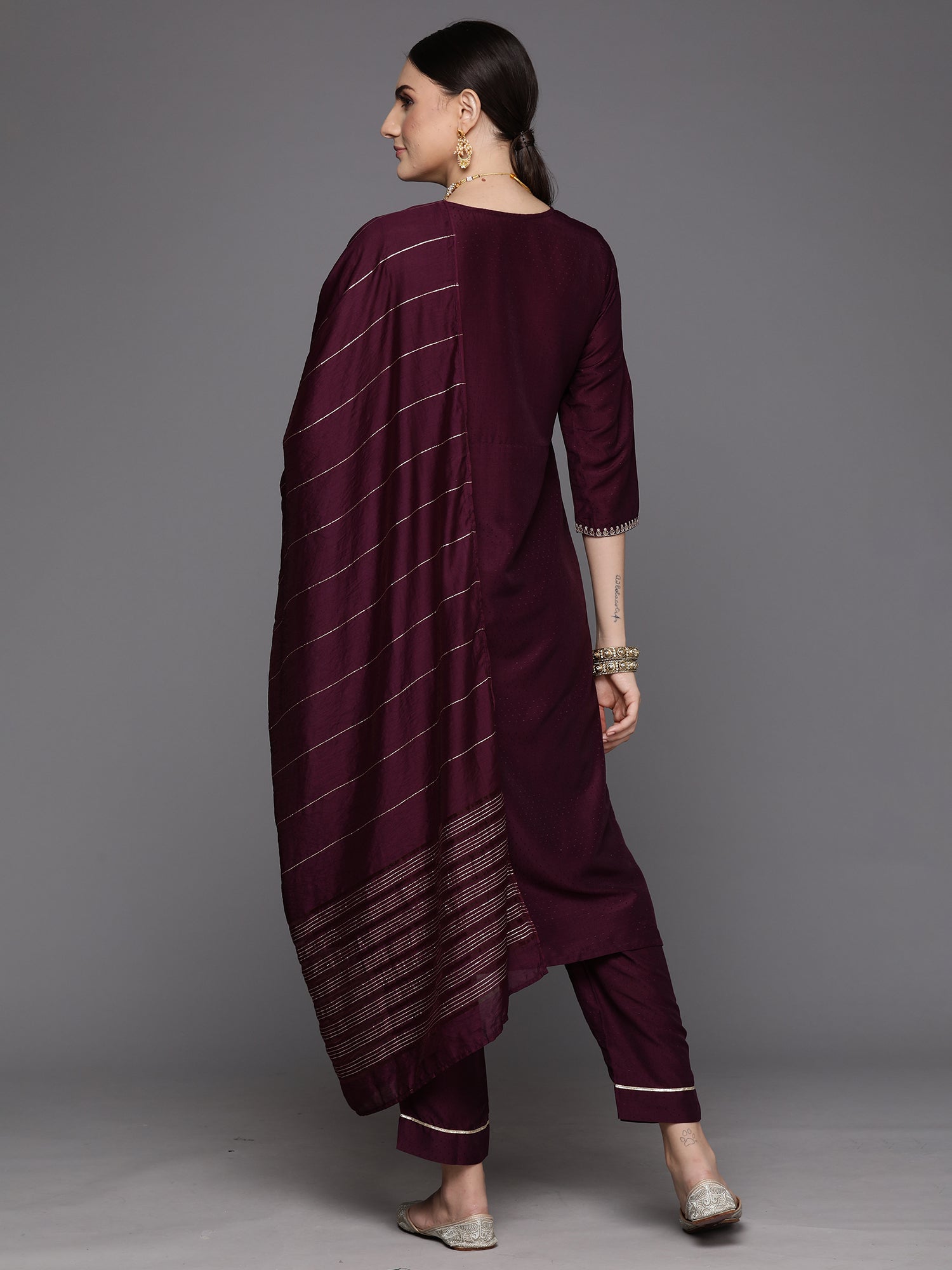 Burgundy Embroidered A-Line Kurta Trousers With Dupatta Set