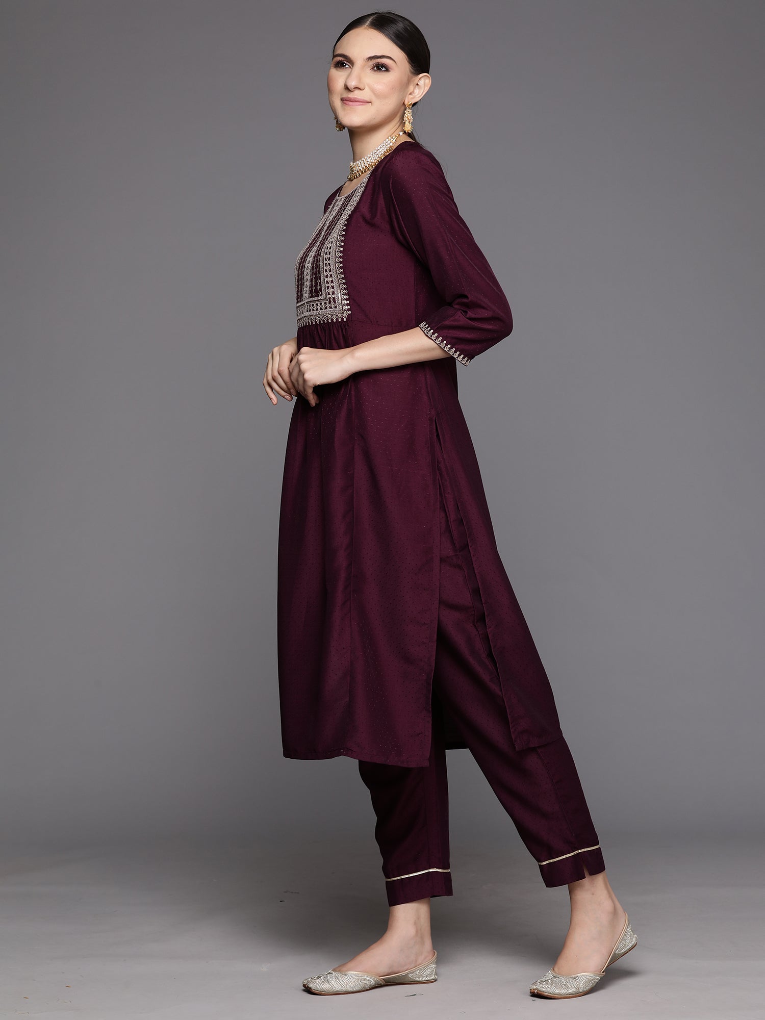 Burgundy Embroidered A-Line Kurta Trousers With Dupatta Set