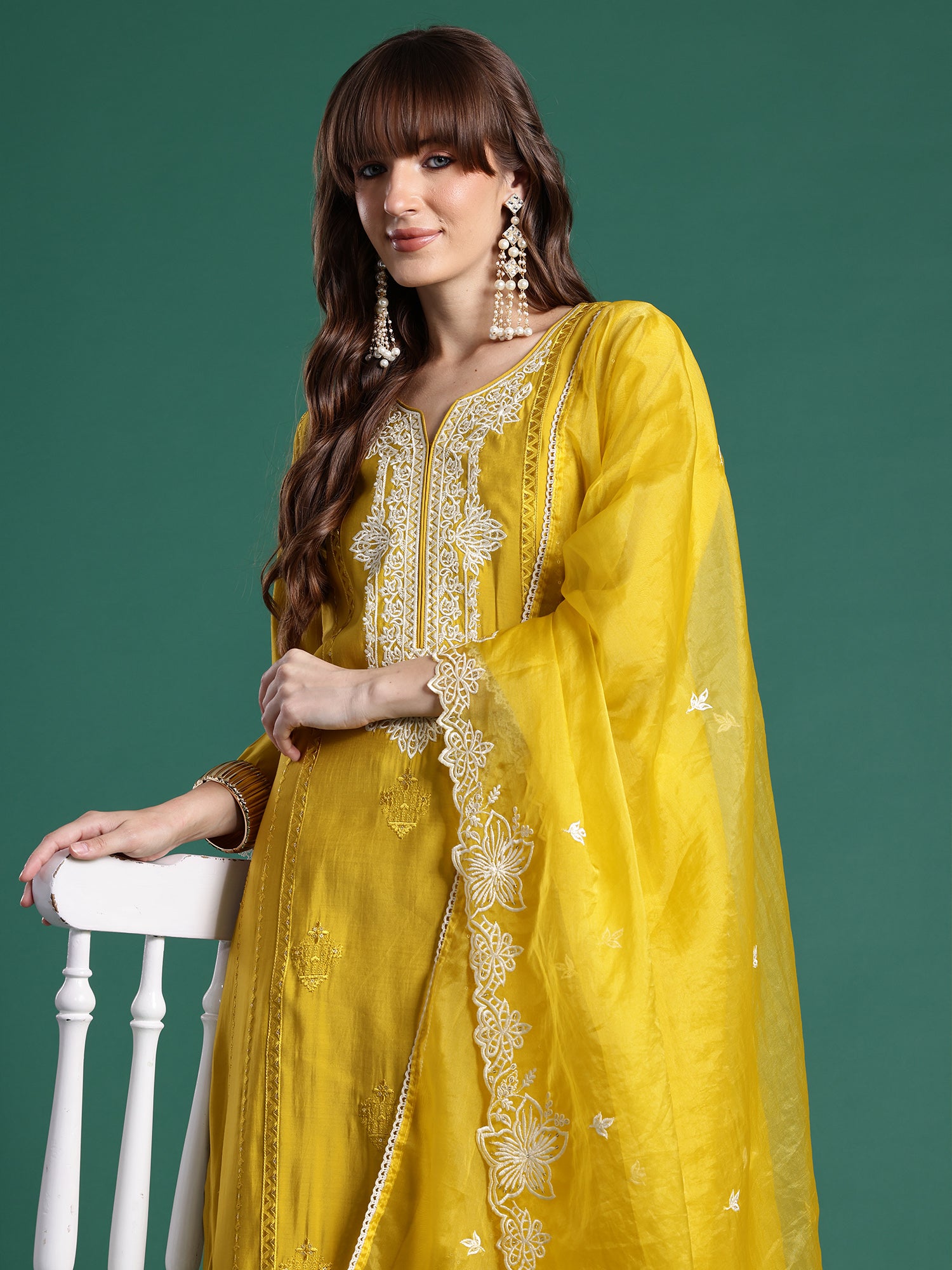 Indo Era Yellow Embroidered Straight Kurta Trousers With Dupatta Set- IE