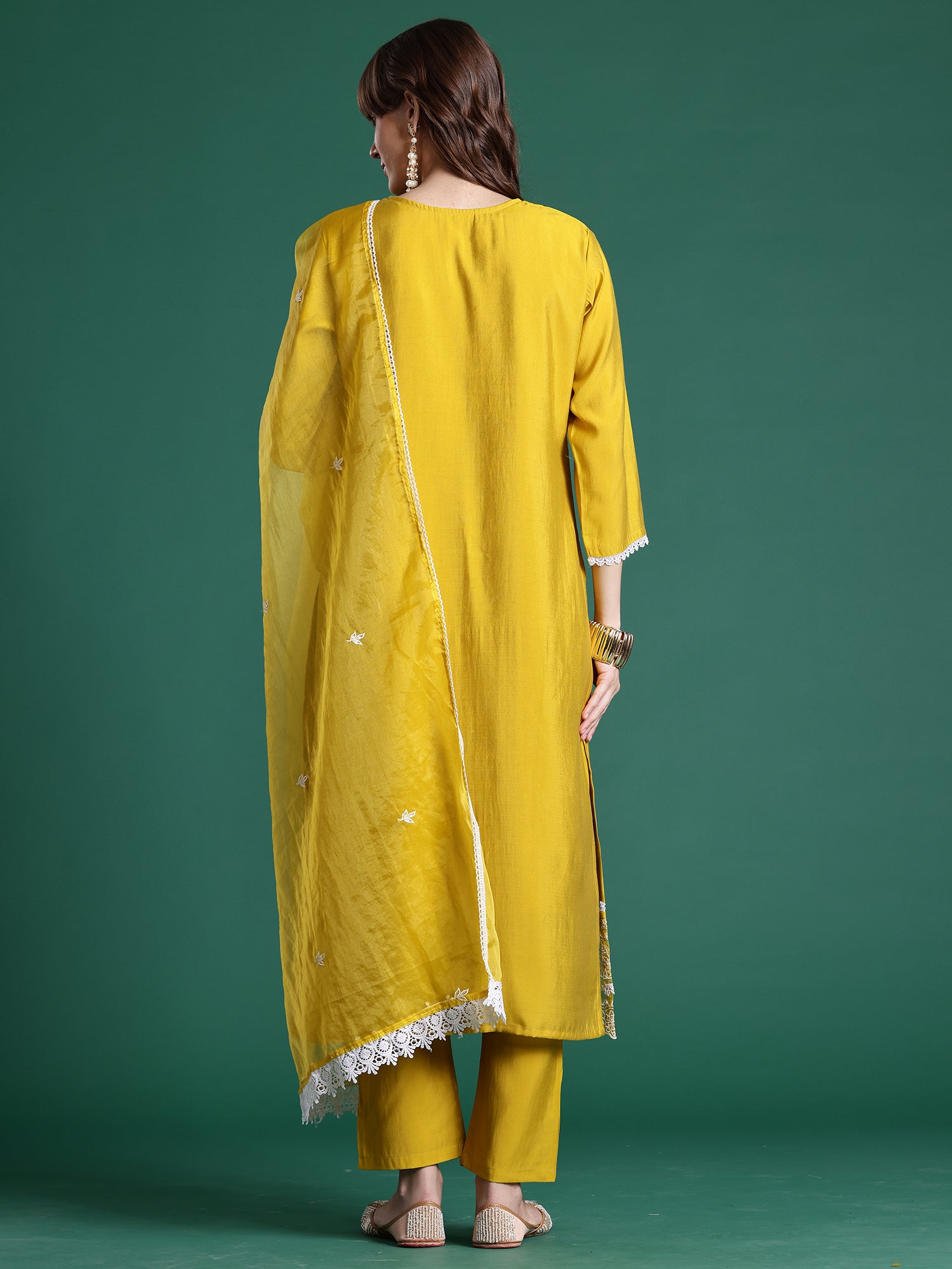 Indo Era Yellow Embroidered Straight Kurta Trousers With Dupatta Set- IE