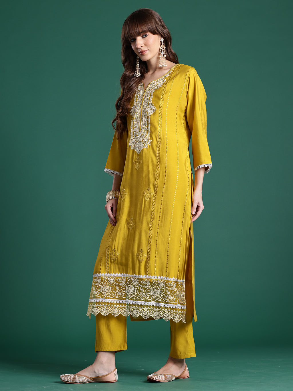 Indo Era Yellow Embroidered Straight Kurta Trousers With Dupatta Set- IE