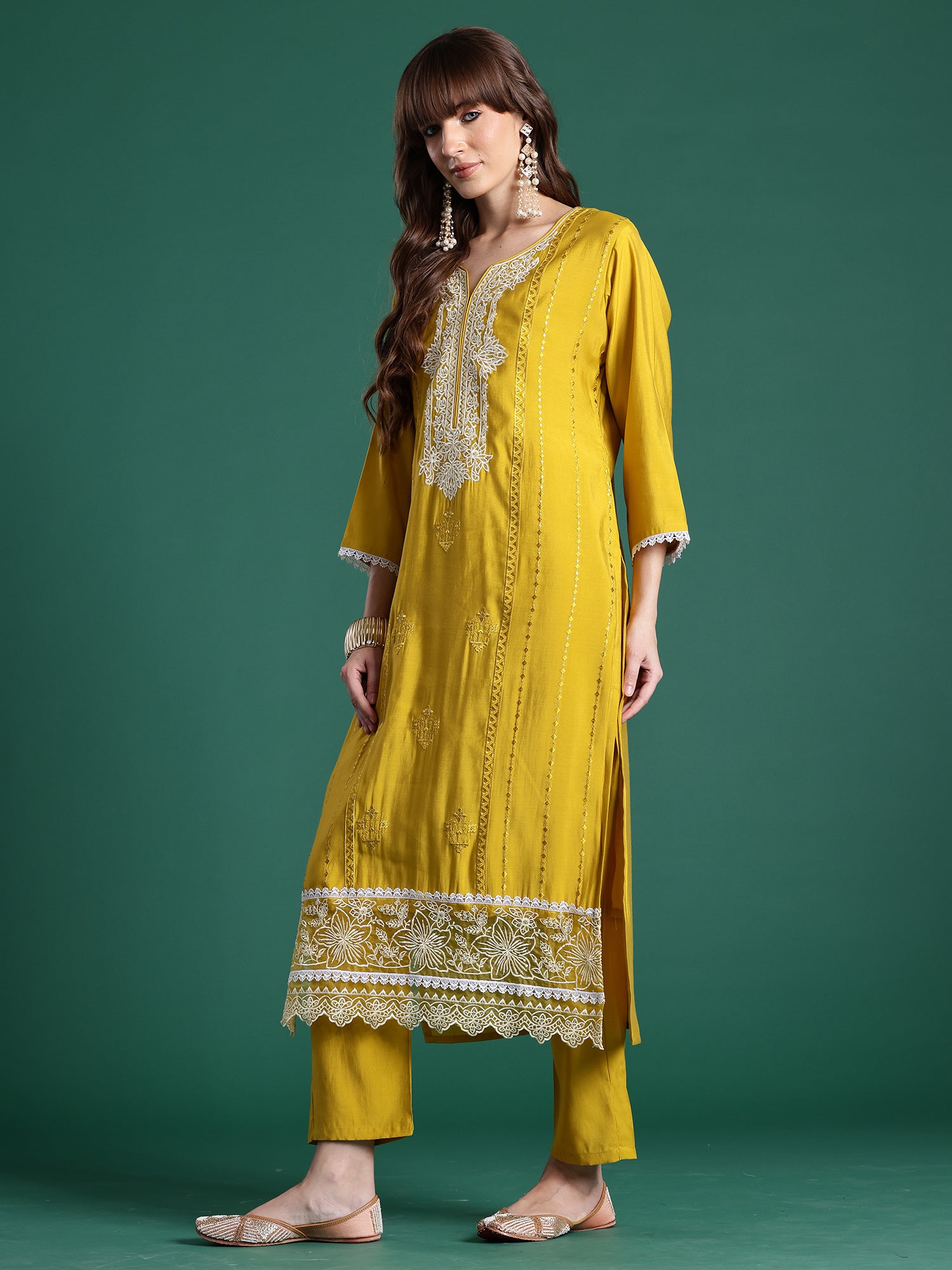 Indo Era Yellow Embroidered Straight Kurta Trousers With Dupatta Set- IE