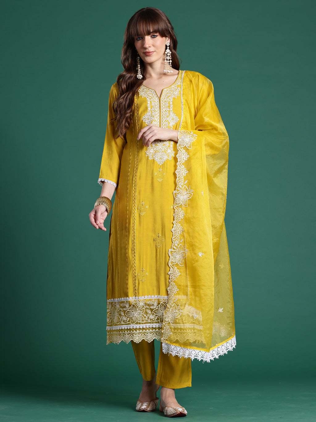 Indo Era Yellow Embroidered Straight Kurta Trousers With Dupatta Set- IE
