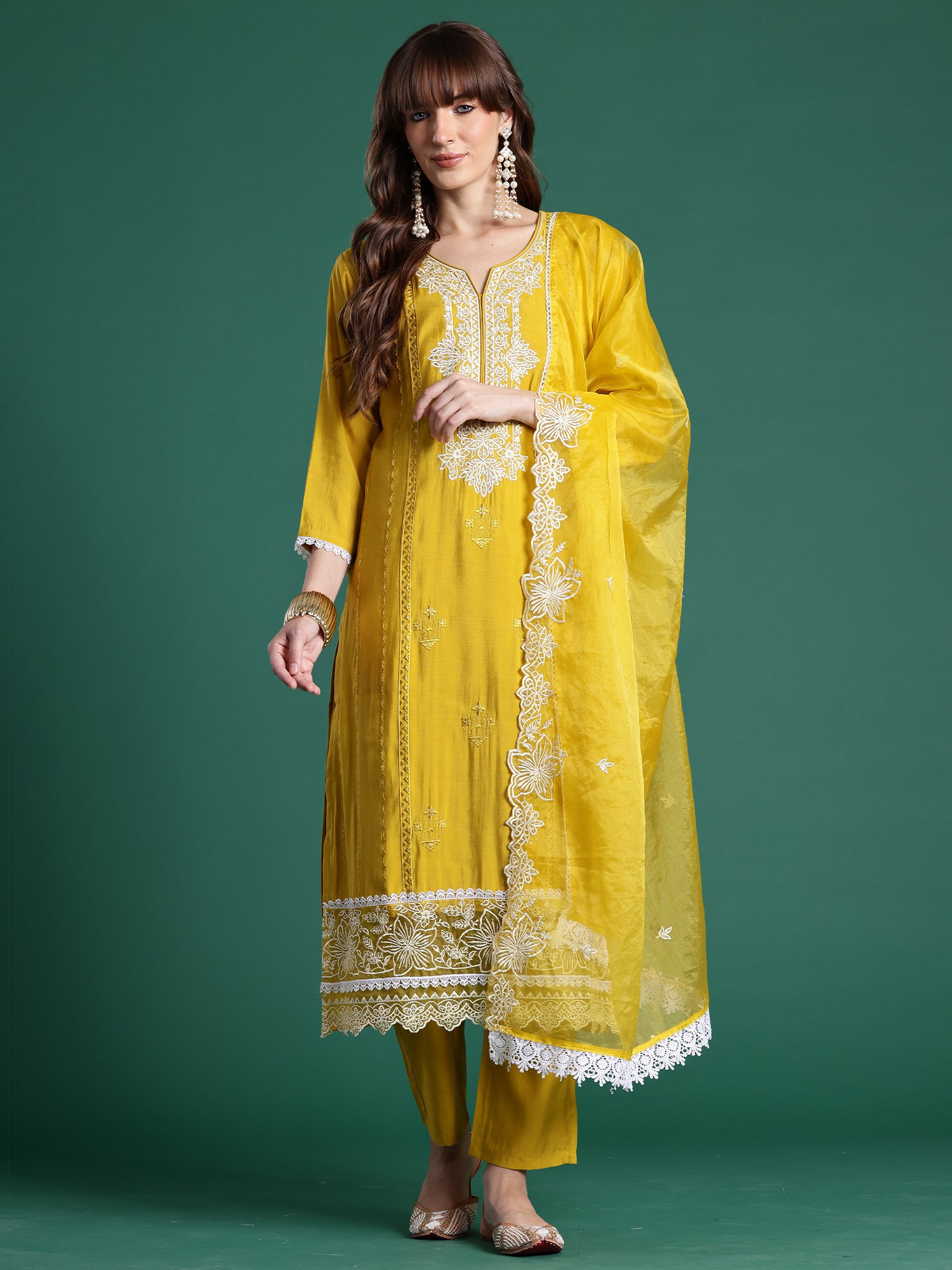 Indo Era Yellow Embroidered Straight Kurta Trousers With Dupatta Set- IE