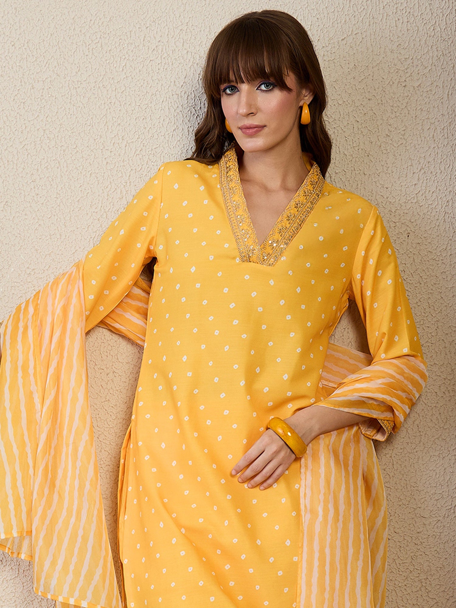 Indo Era Yellow Printed Straight Kurta Trousers With Dupatta set- IE