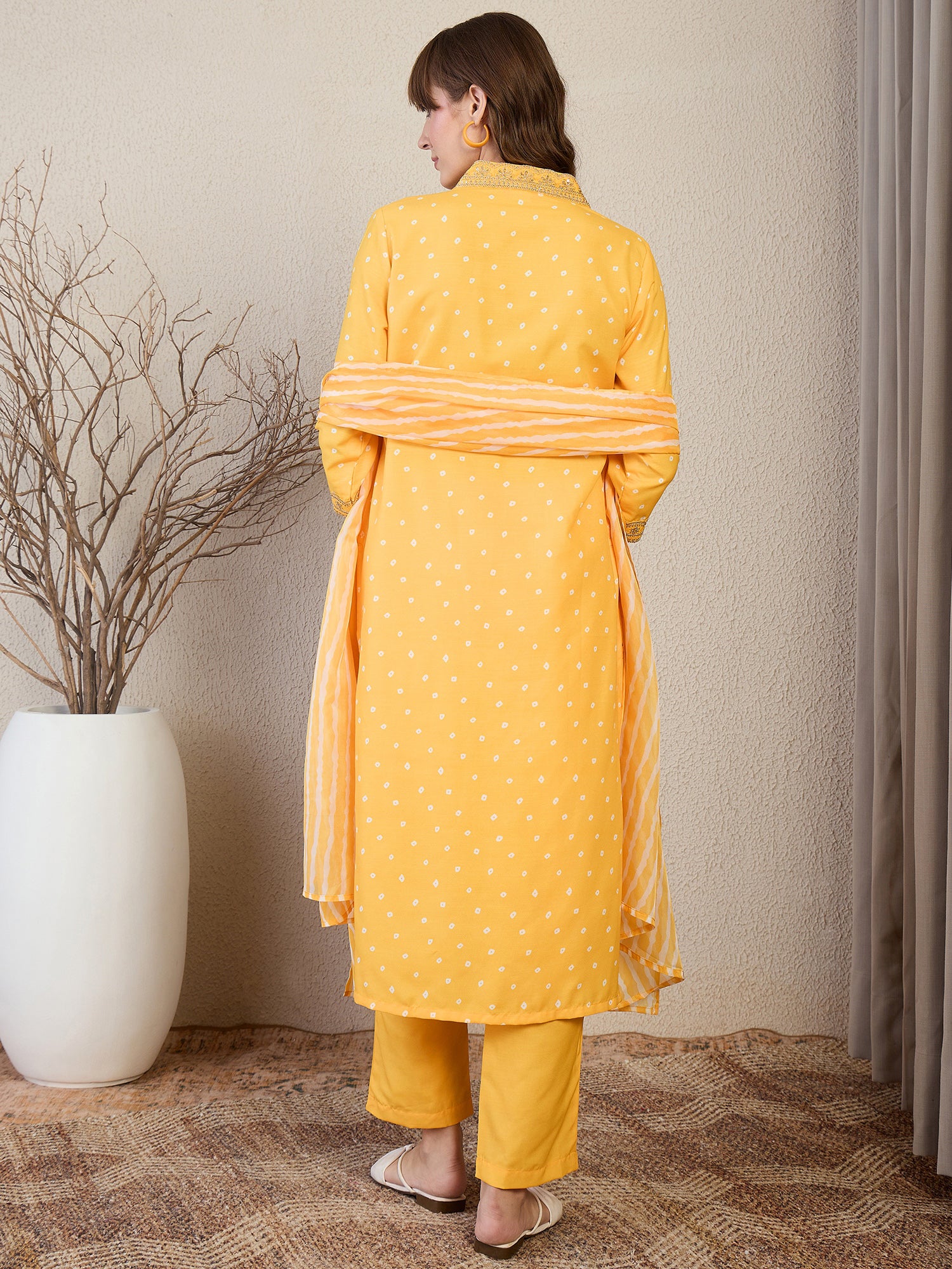 Indo Era Yellow Printed Straight Kurta Trousers With Dupatta set- IE