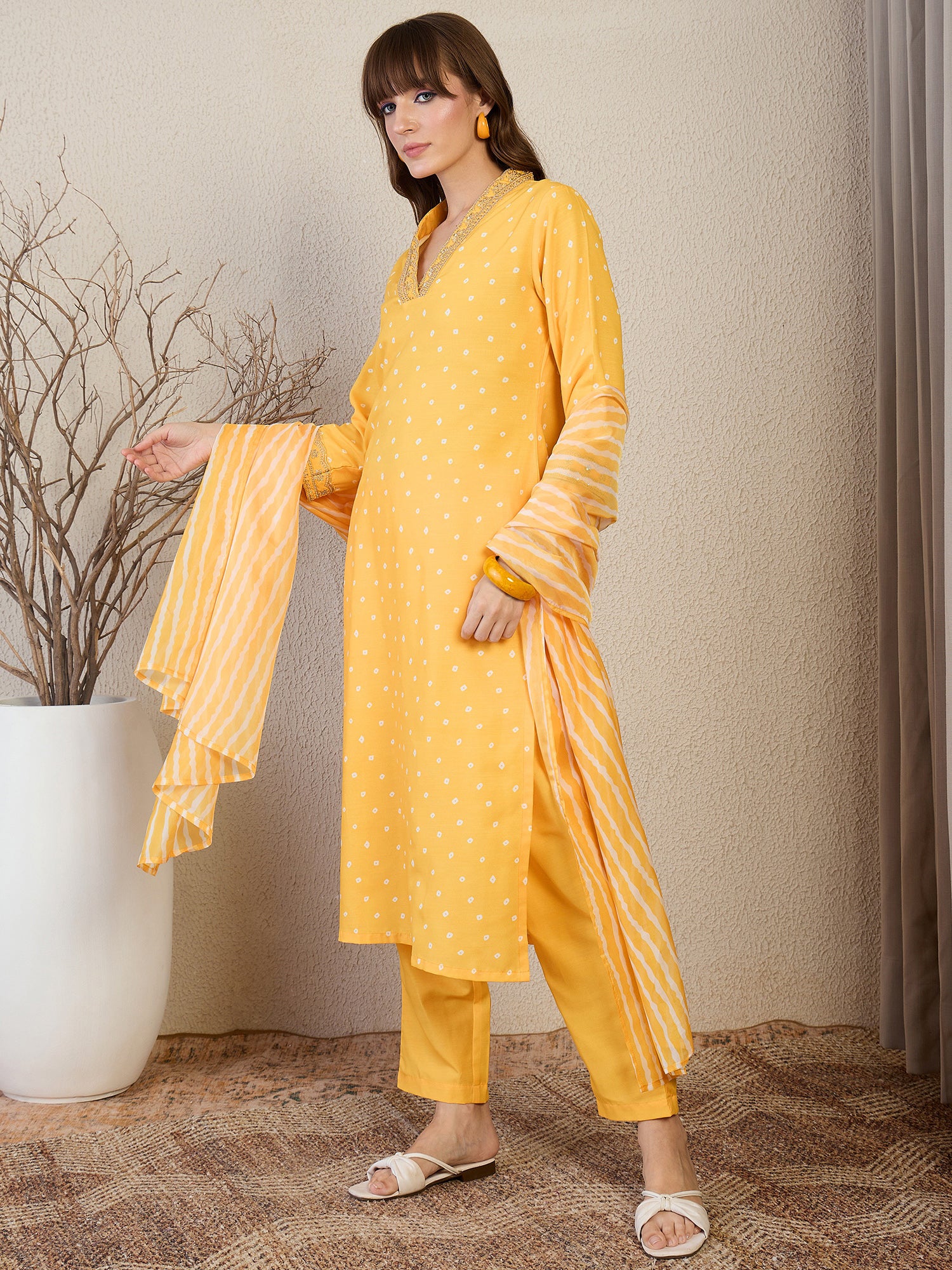 Indo Era Yellow Printed Straight Kurta Trousers With Dupatta set- IE