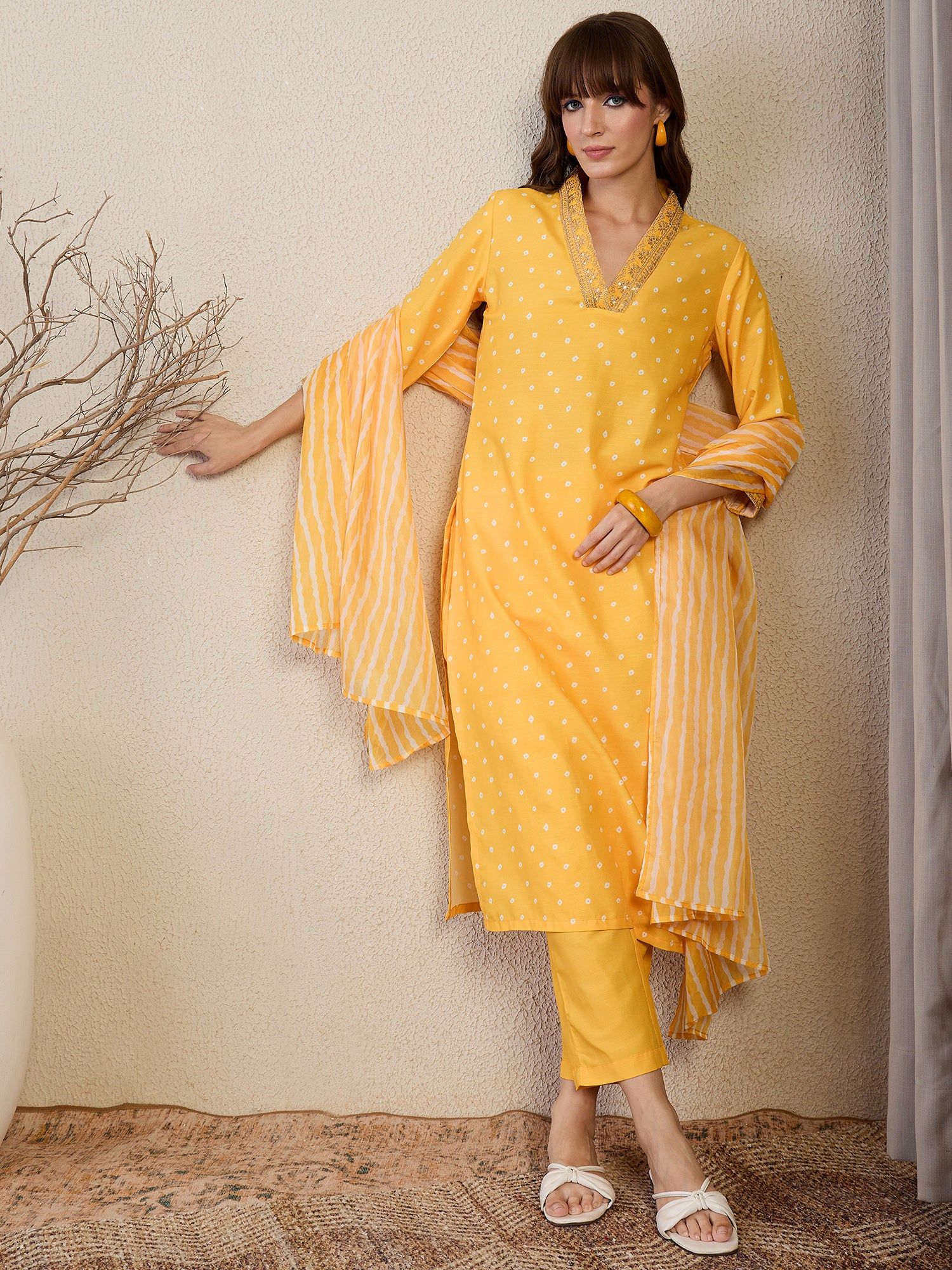 Indo Era Yellow Printed Straight Kurta Trousers With Dupatta set- IE
