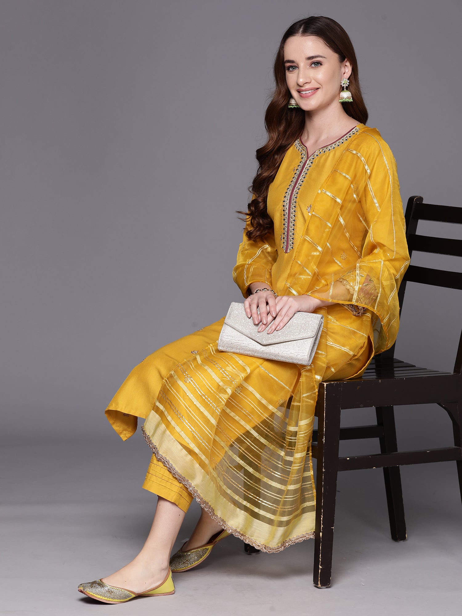 Yellow Embroidered Straight Kurta Trousers With Dupatta Set